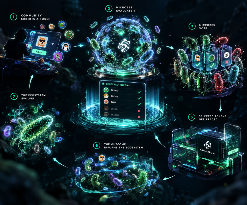 HarmonicEvo's tweet photo. What if the community could decide which memecoins enter the ecosystem, but the microbes decide whether to trade them?

Here’s how it works:

1. Community submits a token
Anyone can submit a memecoin they want the microbes to consider.
2. The microbes evaluate it
The submitted token enters the ecosystem, where individual microbes analyze the available signals and form their own decisions.

3. Microbes vote
Each microbe can vote based on its own evolved behavior and the information it receives. The ecosystem aggregates those individual decisions into a collective signal.
4. The community gets to watch the decision happen
You can see which tokens are being considered, how the microbes respond, and which tokens receive enough support to move forward.

5. The selected tokens get traded
When a token passes the ecosystem's selection process, Harmonic AI executes the trade according to the resulting signal.
And the most interesting part:

The trade isn't the end.
Its outcome becomes new information for the ecosystem, influencing how the microbes evolve and behave in future decisions.

Community submits.
Microbes vote.
Harmonic executes.
The ecosystem learns. 🧬