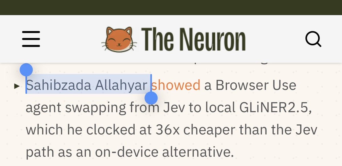 singularity_sah's tweet photo. My browser use agent using open Jev (GLiNER) got me featured on front page news. in the biggest ai newsletter (700k+ members) 😳 https://t.co/Xjd4R1fmDn