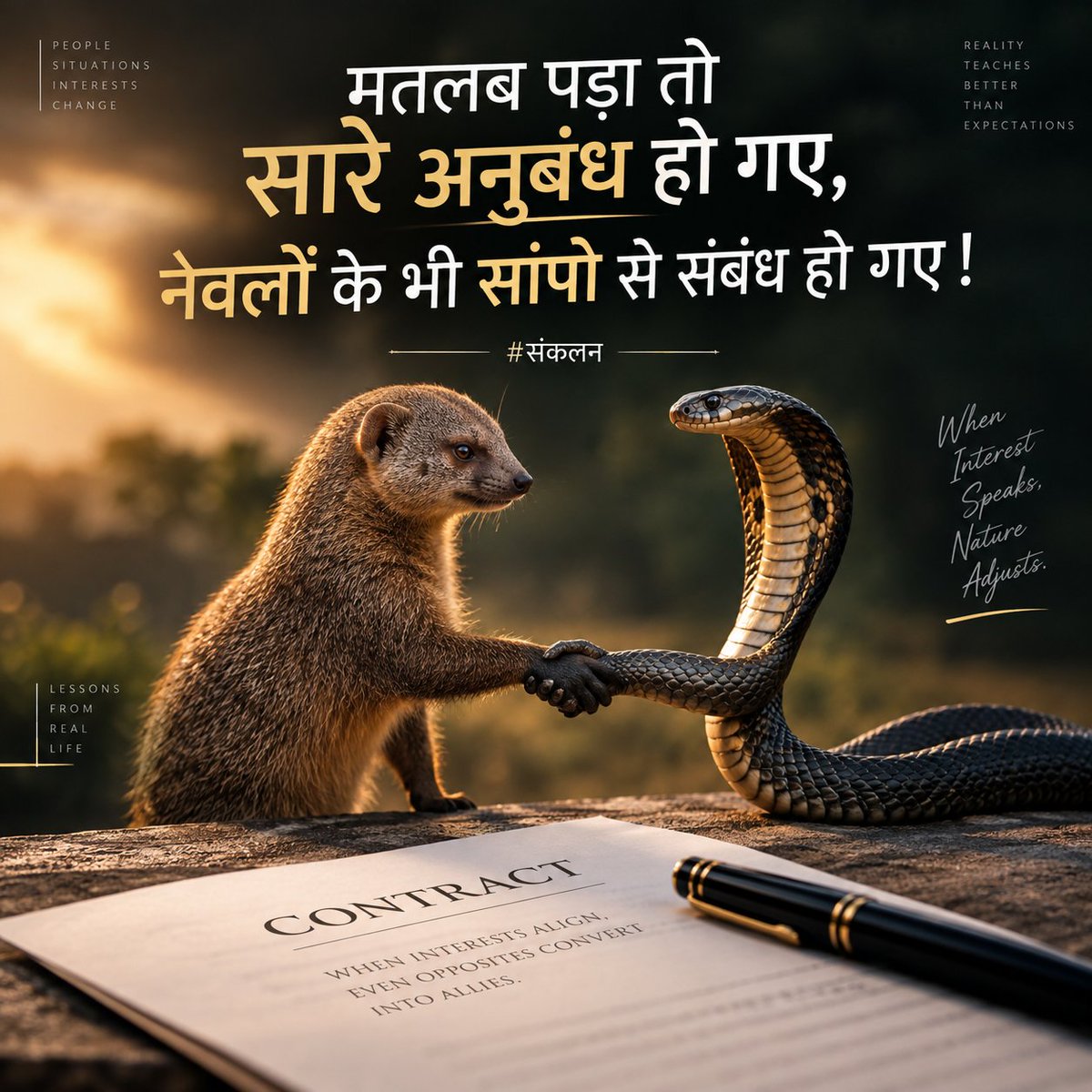 Sankalan_'s tweet photo. मतलब पड़ा तो सारे अनुबंध हो गए,
नेवलों के भी सांपो से संबंध हो गए !
#संकलन https://t.co/4LHYI25yIz