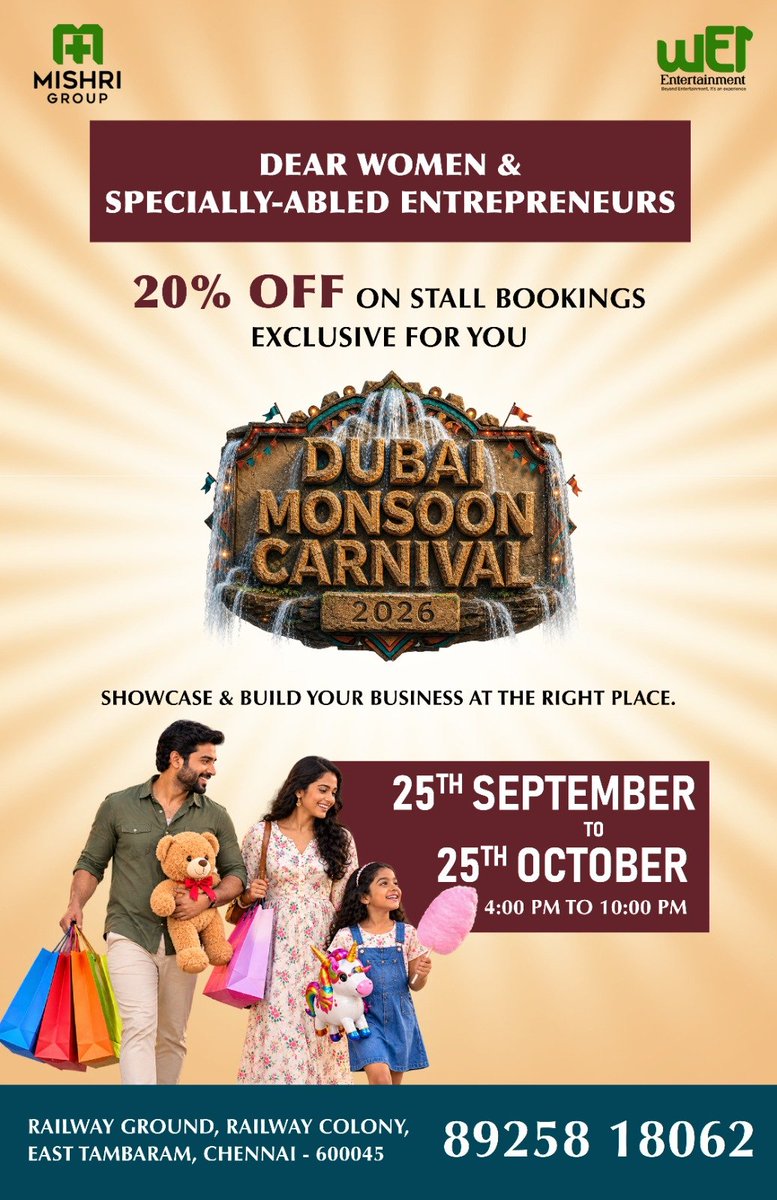 WE1EntOffl's tweet photo. Calling all Women &amp; Specially-Abled Entrepreneurs! 💪❤️

Get an EXCLUSIVE 20% OFF on Stall Bookings at the Dubai Monsoon Carnival 2026!🎪🔥

📅 25th September – 25th October 2026
⏰ 4 PM – 10 PM
📍 Railway Ground, Railway Colony, East Tambaram, Chennai https://t.co/0E0tjf9S4D
