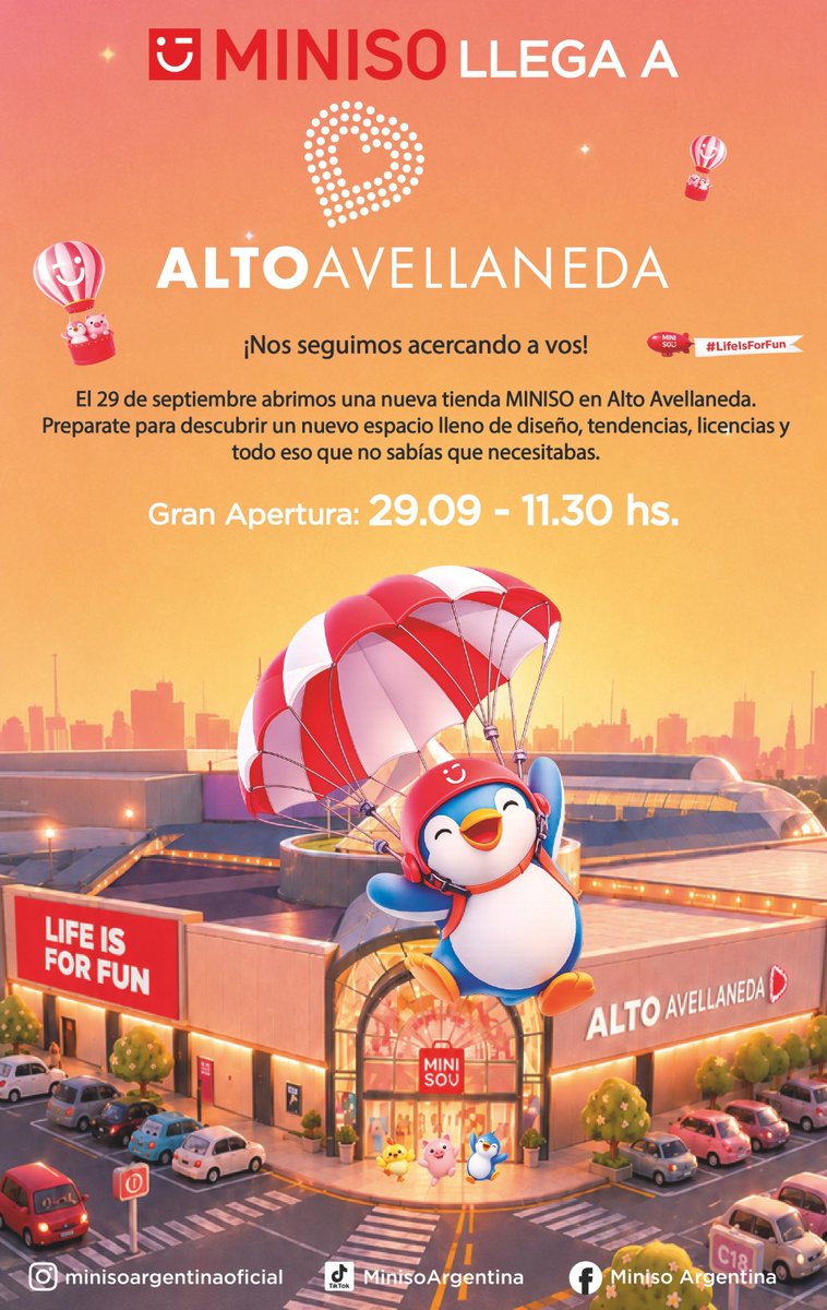 AhorrandoAndoAr's tweet photo. El 29/09 a las 11:30hs abre la tienda de MINISO en el ALTO AVELLANEDA 😍😍😍 https://t.co/2KMvdGdC8c