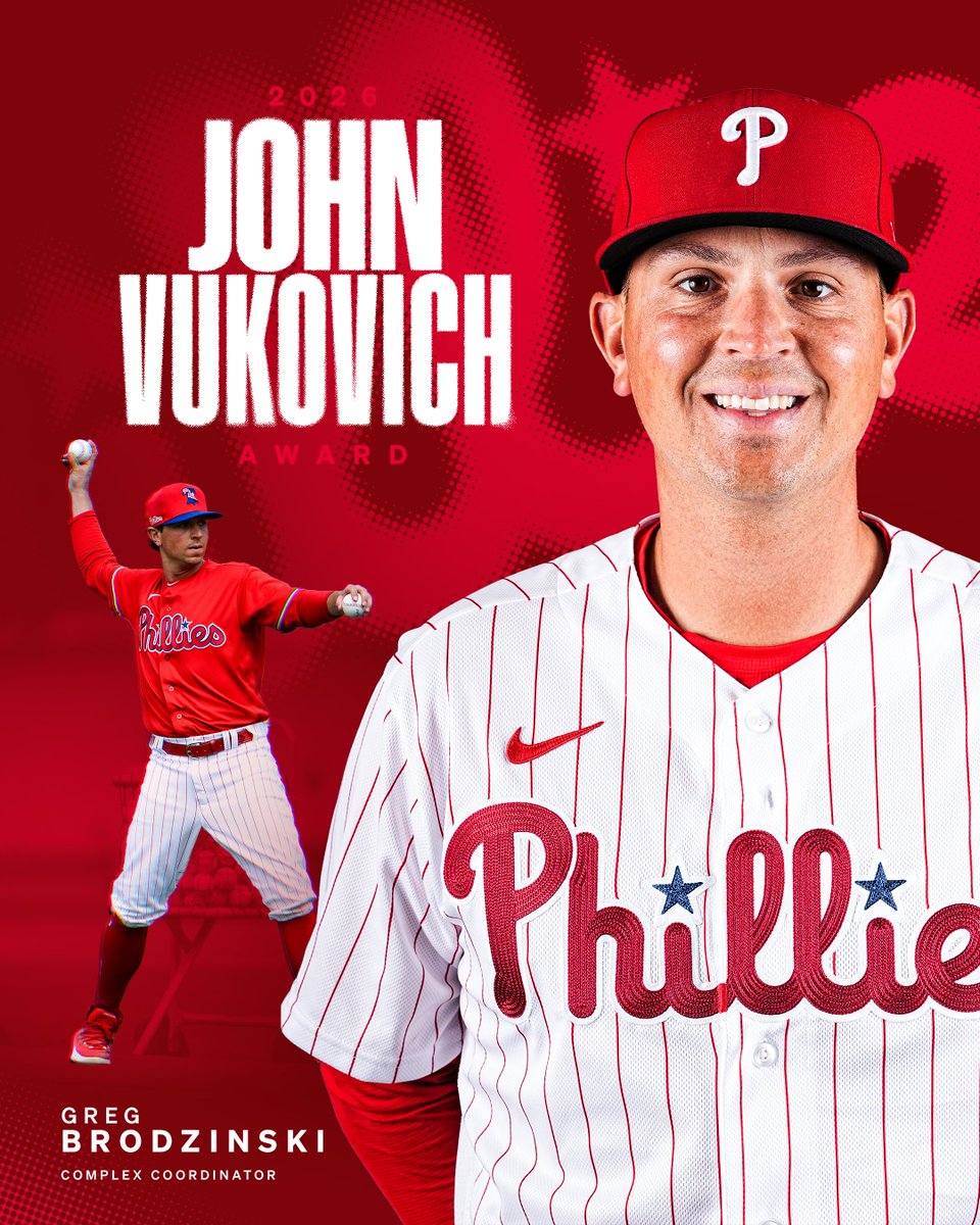 PhilsPlayerDev's tweet photo. Complex Coordinator Greg Brodzinski has been named this year's John Vukovich Award recipient!

The award honors the longest-tenured coach in Phillies history, and is presented annually to an instructor in the organization who embodies the characteristics of the award’s namesake: loyalty, dedication, competitiveness, knowledge, honesty and a terrific work ethic.
