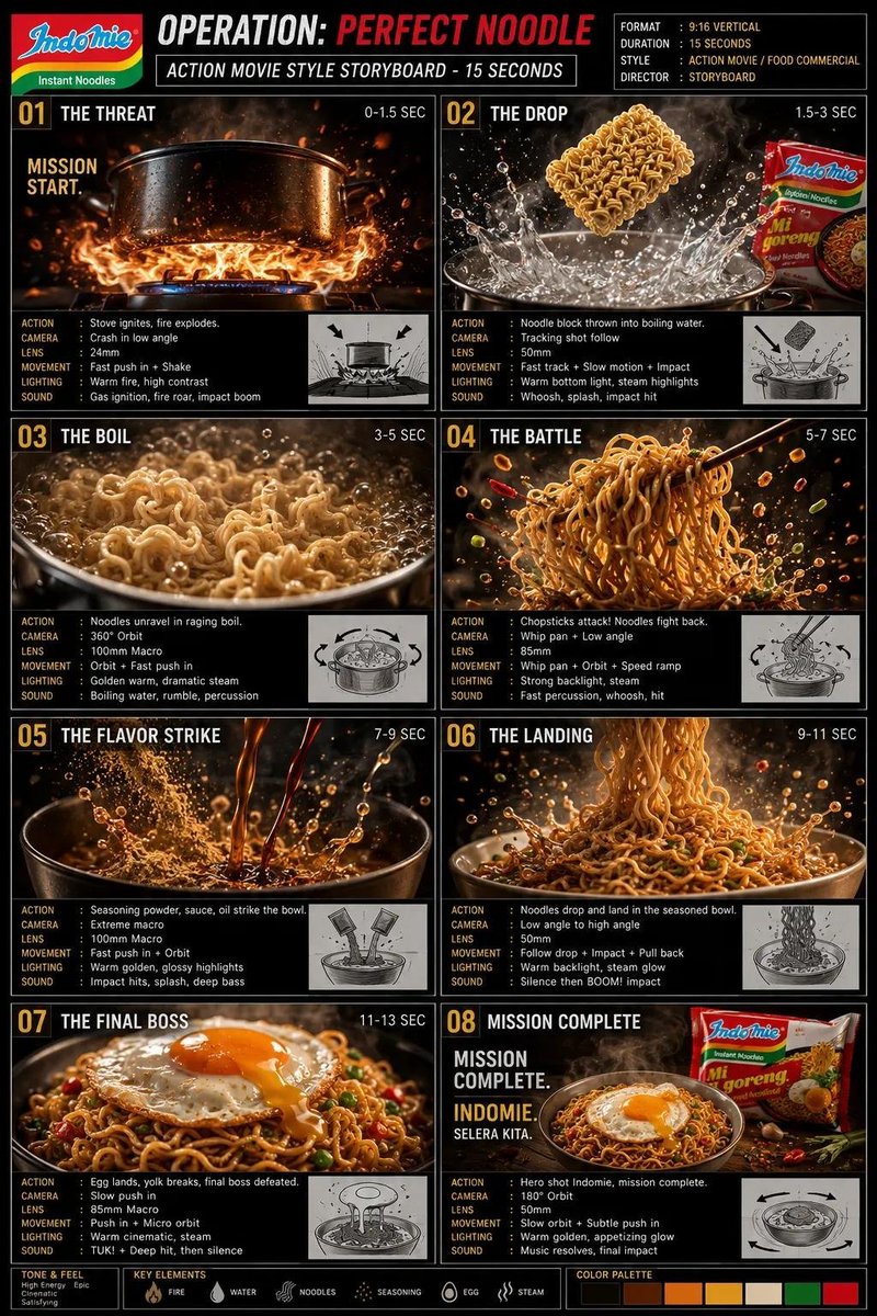 Harry_thingss's tweet photo. Prompt:

Create a premium 15-second vertical 9:16 Indomie commercial consisting of 8 seamless cinematic scenes. Ultra-realistic 8K, photorealistic blockbuster action-movie cinematography fused with high-end cinematic food advertising. No people, no faces; hands only if absolutely necessary. Treat ordinary noodle cooking as an epic world-saving mission.

Visual style: photorealistic 8K, premium commercial quality, dramatic anamorphic lighting, deep blacks, rich golden highlights, volumetric smoke and steam, realistic fire and water physics, macro food textures, dynamic camera movement, shallow depth of field, high contrast, cinematic color grading, subtle film grain, realistic reflections, physically accurate materials, spectacular practical effects, seamless transitions, intense but elegant action-movie pacing.

Product: authentic Indomie instant noodles, recognizable packaging and seasoning, appetizing golden noodles, glossy texture, visible vegetables and seasoning, premium food photography, realistic steam and oil sheen. Keep branding clean, accurate and undistorted whenever visible.

SCENE 01 — 0.0–1.5s — THE THREAT / FIRE IGNITION

An empty stainless-steel cooking pot sits alone in near-total darkness on a black cinematic stovetop. The environment feels like a high-stakes mission briefing. Extreme low-key lighting reveals only the metallic silhouette. Suddenly the gas burner ignites with a violent blue-and-orange flame burst, creating a massive cinematic BOOM of light and heat. Tiny sparks and heat distortion ripple through the frame.

Camera: 24mm wide-angle lens, aggressive crash-in toward the pot, rapid forward acceleration, impact shake exactly on ignition, subtle lens vibration, dramatic parallax.
Lighting: explosive orange fire against deep black, blue gas flames, volumetric haze.
Transition: firelight fills the frame and naturally wipes into the next scene.

SCENE 02 — 1.5–3.0s — NOODLE DROP

A sealed Indomie noodle block dramatically enters frame in slow motion above the now-heated pot, presented like a high-tech mission payload. The noodle block drops toward rapidly boiling water. Extreme macro detail reveals the porous noodle texture and individual strands.

Camera: 50mm cinematic lens transitioning into 100mm macro, controlled slow motion, slight orbital movement around the descending noodle block.
FX: suspended water droplets, heat shimmer, tiny particles illuminated by the fire.
Impact: noodle block hits the water with a powerful splash, sending a crown of water droplets toward camera.

SCENE 03 — 3.0–4.8s — BOIL

Underwater macro shot: the noodle block plunges beneath violently bubbling water. Individual noodle strands begin separating and unfurling in beautiful slow motion. Bubbles race around the noodles as the strands transform from rigid block to silky golden noodles.

Camera: extreme macro underwater cinematography, 100mm macro, fluid tracking shot following the noodles.
Lighting: warm golden highlights penetrating the water, dramatic blue-black shadows.
FX: realistic bubbles, turbulence, steam, micro-droplets, physically accurate noodle movement.
Transition: rapidly spinning noodle strands become a vortex-like match cut.

SCENE 04 — 4.8–6.7s — THE NOODLE BATTLE

The noodles erupt into an epic miniature action sequence inside the pot. Long golden noodle strands whip, twist and collide through boiling water as if two opposing forces are battling. Chopsticks or cooking utensils may briefly enter frame as a cinematic mechanical element, but no person is visible.

Camera: fast 35mm tracking shot circling the pot, rapid whip-pans, macro close-ups, dramatic speed ramps.
Action: noodles coil around each other, separate, launch upward and fall back into the bubbling water.
Style: superhero/action-movie energy while remaining believable and appetizing.
FX: water splashes, steam bursts, droplets frozen momentarily in slow motion....😋