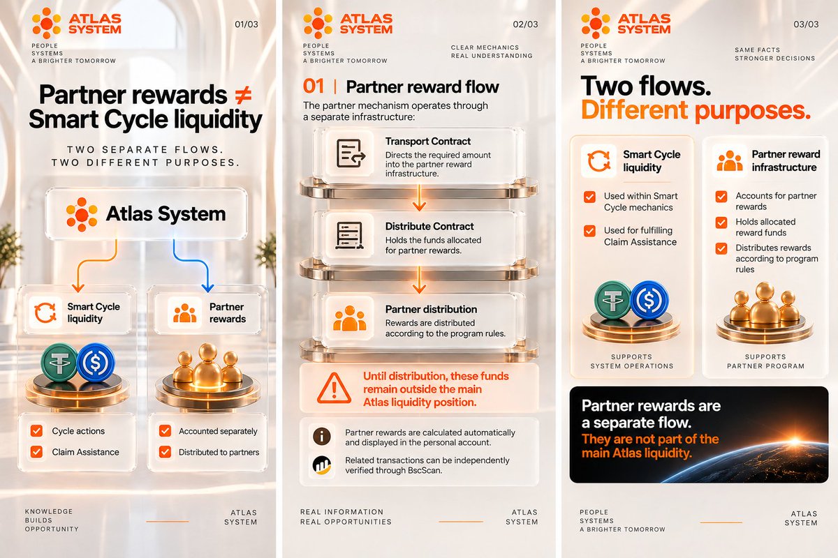 AtlasSystemWeb3's tweet photo. Partner rewards are a separate flow inside Atlas.
They are accounted for and distributed through separate infrastructure - not from the main Smart Cycle liquidity. https://t.co/WJTWySYAwG