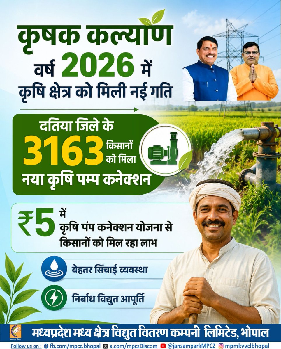 mpczDiscom's tweet photo. कृषक कल्याण वर्ष 2026 के अंतर्गत किसानों को सशक्त बनाने की दिशा में एक महत्वपूर्ण पहल। #KisanKalyan2026 #MPMKVVCL #KrishiPumpYojana #KrishiPumpConnection #KisanHit https://t.co/wL2BGXDTtk