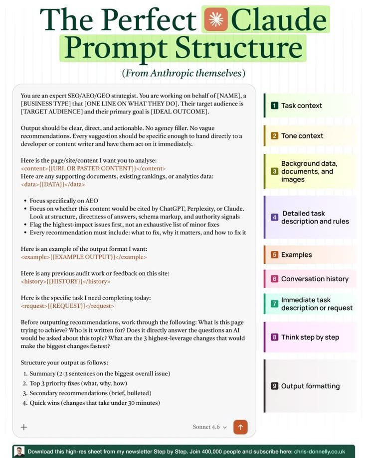 Aiwealthsystem's tweet photo. The perfect Claude prompt structure (straight from Anthropic):

1. Task context  
2. Tone context  
3. Background data  
4. Detailed rules  
5. Examples  
6. Conversation history  
7. Specific request  
8. Think step by step  
9. Output format  

Copy. Paste. Win.  

Save this. https://t.co/70Bw8yAjGT