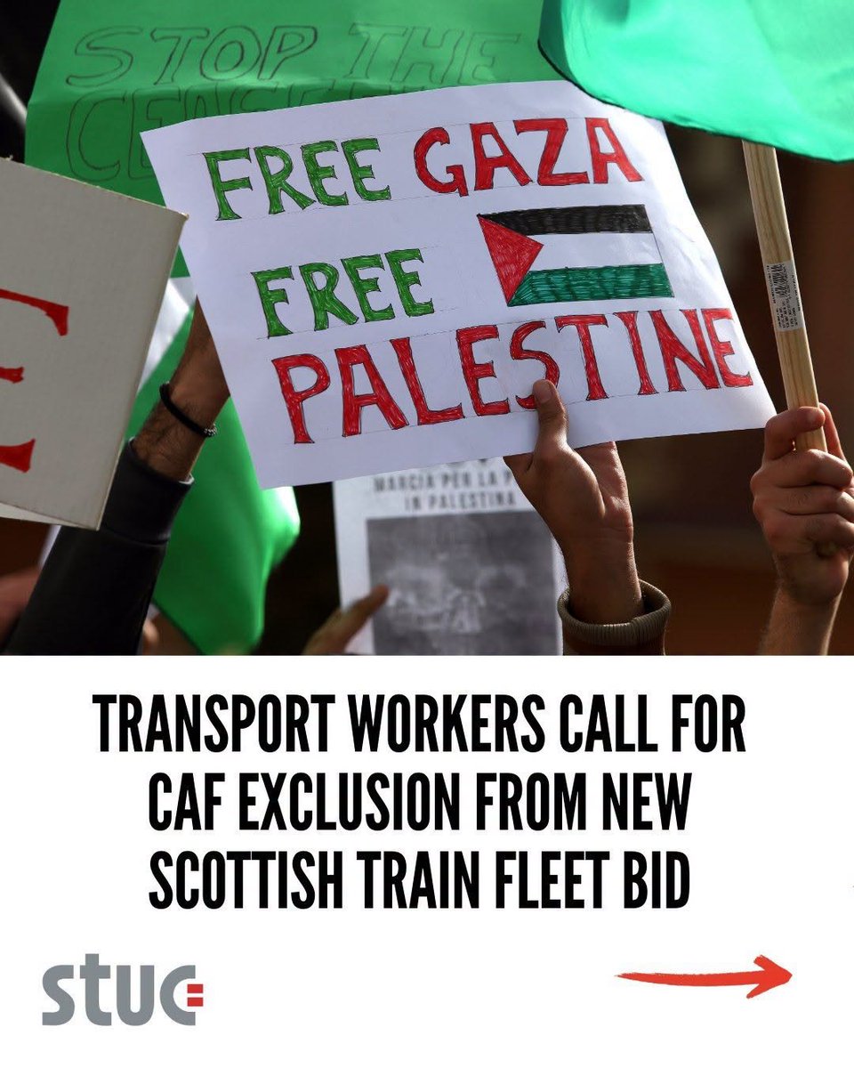 ScottishTUC's tweet photo. 👇

Rail unions are correct. 

It would be unconscionable for the Scottish Government to hand over taxpayer cash to a company deeply involved in the expansion of illegal Israeli settlements. https://t.co/VkngPdClCI