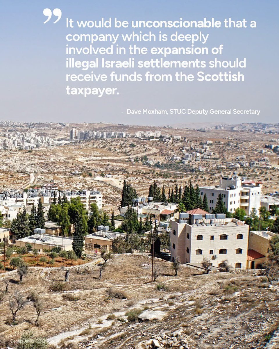 ScottishTUC's tweet photo. 👇

Rail unions are correct. 

It would be unconscionable for the Scottish Government to hand over taxpayer cash to a company deeply involved in the expansion of illegal Israeli settlements. https://t.co/VkngPdClCI