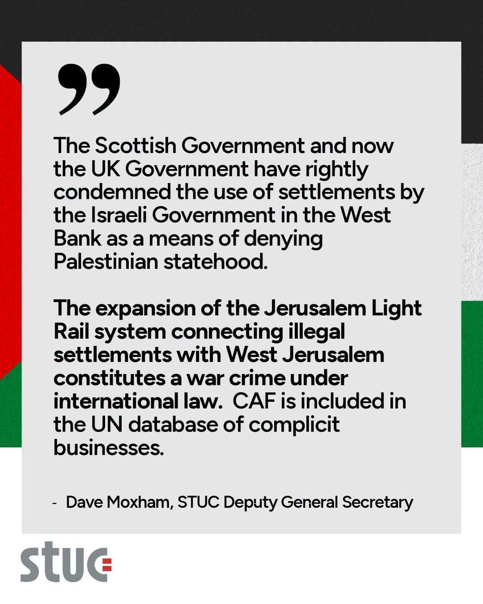 ScottishTUC's tweet photo. 👇

Rail unions are correct. 

It would be unconscionable for the Scottish Government to hand over taxpayer cash to a company deeply involved in the expansion of illegal Israeli settlements. https://t.co/VkngPdClCI