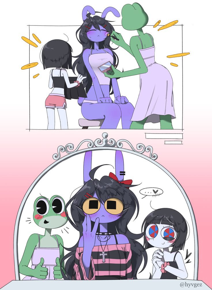 RuneZaZa's tweet photo. Getting glammed up with the best team 💄 Absolutely loving this whole look and vibe 💕..... 
Artby @hyvgez
#Funnybunny #Pomnijax #Caine #TheAmazingDigitalCircusFanArt https://t.co/EFN3T2SeBC
