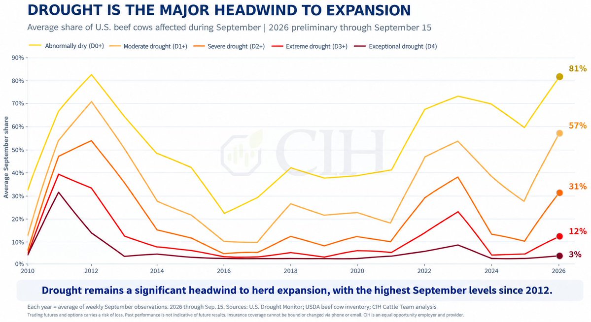 CIHCattleTeam's tweet photo. 🐂 Herd Rebuilding: Drought Remains a Major Hurdle

🌵 81% of U.S. beef cows are in drought — up from 79% last week.

📊 The latest Cattle on Feed report showed fewer cattle entering feedlots, but that doesn't automatically mean more females are being retained.

🔎 Are producers beginning to rebuild, or is drought keeping the industry in a holding pattern?

Retention may be emerging. Meaningful expansion is another question.