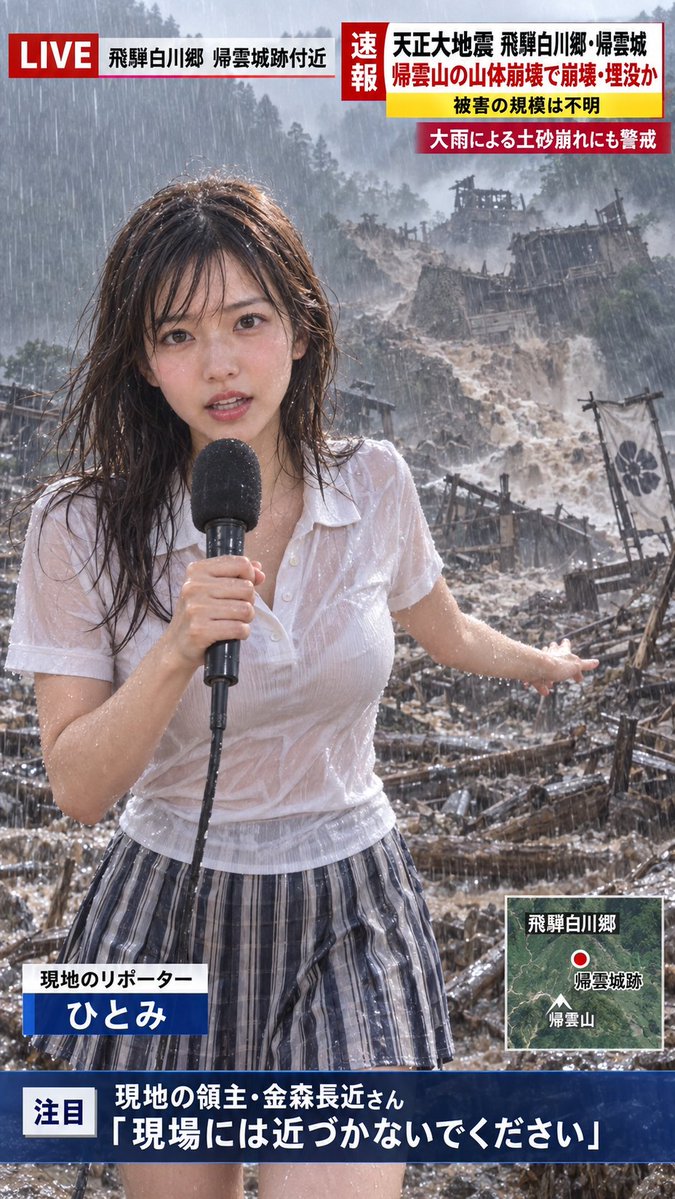 Knightkun2023's tweet photo. ひとみです

昨日は、桃山時代にタイムスリップして
天正大地震の現場の中継のお仕事をしてきました
飛騨白川郷の帰雲城とその周辺の方たちが
ひどい被害に遭っていました
本当に悲しかったです
（泣いちゃいました）

・・・

プロンプトをお借りしました
ありがとうございます！

一部のプロンプトはリプにも

#AIgirl #AIgravure #AI美女