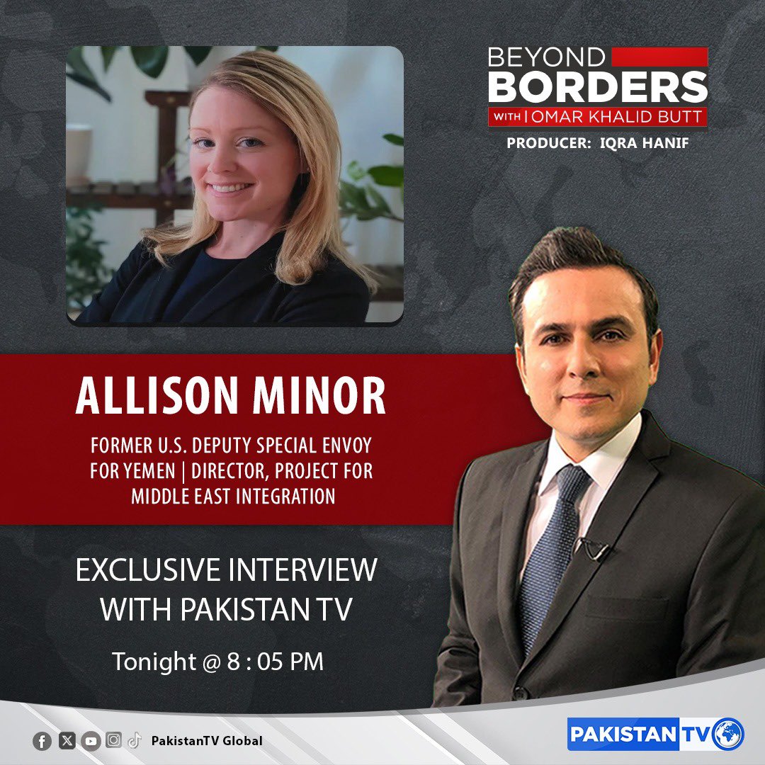 OmarButtPK's tweet photo. Tonight at 8:05 PM on Pakistan TV: Beyond Borders

Topics: 

A- Mena:
Middle East at a Crossroads: Iran-US Tensions, Houthi Strikes & Saudi Arabia's Response

B- The West:
Russia’s Wartime Election: What Does the Vote Mean for Putin and the Ukraine War?

Guests:

1/ Allison Minor
Former U.S. Deputy Special Envoy for Yemen | Director, Project for Middle East Integration
2/ Ahmed Khuzaie
Political Consultant, Khuzaie Associates
3/ Dr. Mateo Mohammad Farzaneh
Professor and Chair of History, Northeastern Illinois University; Specialist in Modern Iranian History and Regional Geopolitics
4/ Dr. Andrey Kortunov
Former Director General of the Russian International Affairs Council (RIAC)

Repeat timings: Tuesday at 7:05 am and 2:05 pm Pakistan Standard Time.

Stream on: https://t.co/iiE55rd6OD

@OmarButtPK
@iqrahanif2610
@AllisonMinor_
@AhmedAlkhuzaie
@Mateobooktalks