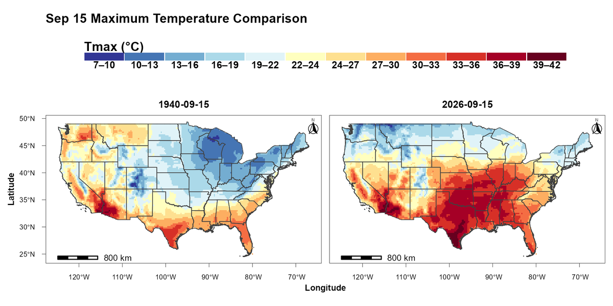 alihassansha12's tweet photo. September Maximum Temperature: A Spatial Comparison of 1940 vs. 2026 #R #GIS #RemoteSensing #EarthObservation #Geospatial #SpatialAnalysis #ClimateChange #ClimateAnalytics #EnvironmentalMonitoring #HeatRisk #TemperatureAnalysis #usafirst #USGIS #GISJobs https://t.co/xaoEKYDElT