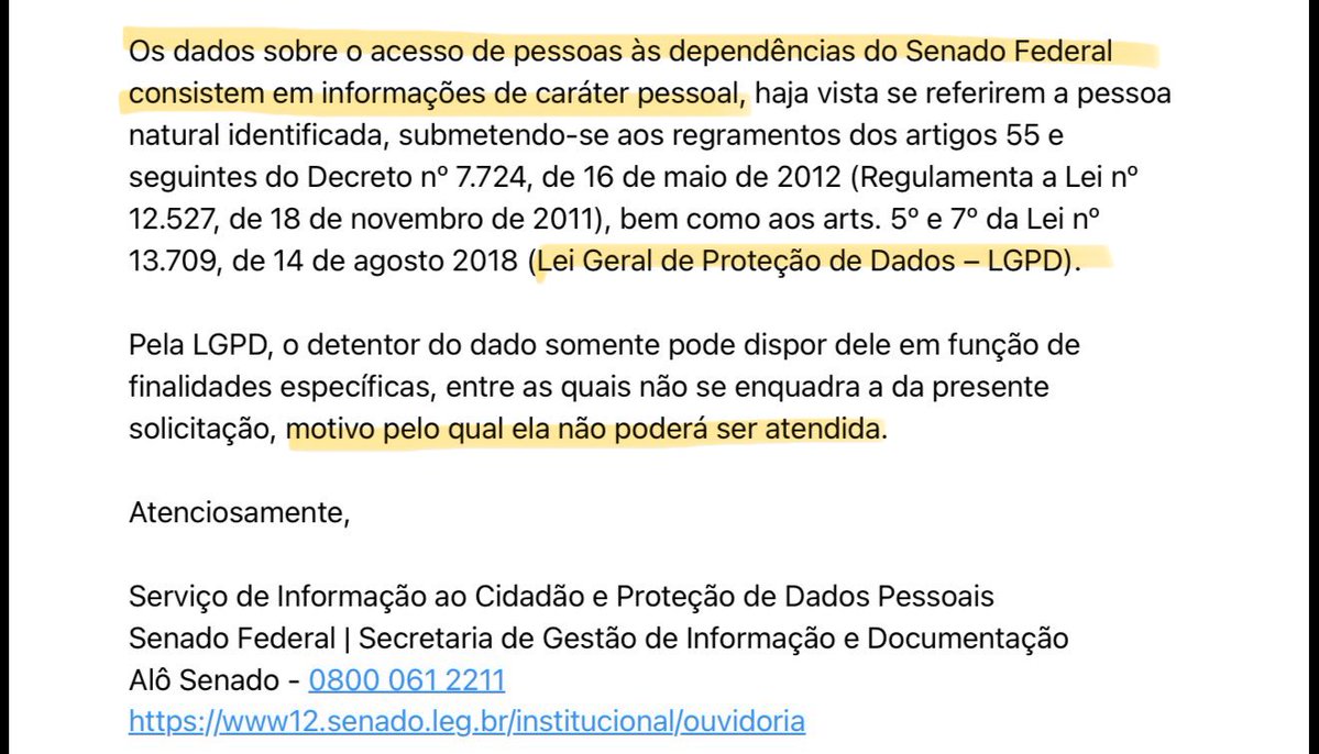 guikilter's tweet photo. Pedi ao Senado, via LAI, os acessos à gabinetes de senadores das seguintes figuras: Viviane Barci, Daniel Vorcaro, Lulinha, Careca do INSS e Frei Chico.

A resposta foi essa “não podemos informar porque a LGPD não permite”.

Por isso acionei a Justiça via mandado de segurança, e agora ação está no Supremo, sob relatoria do Moraes.