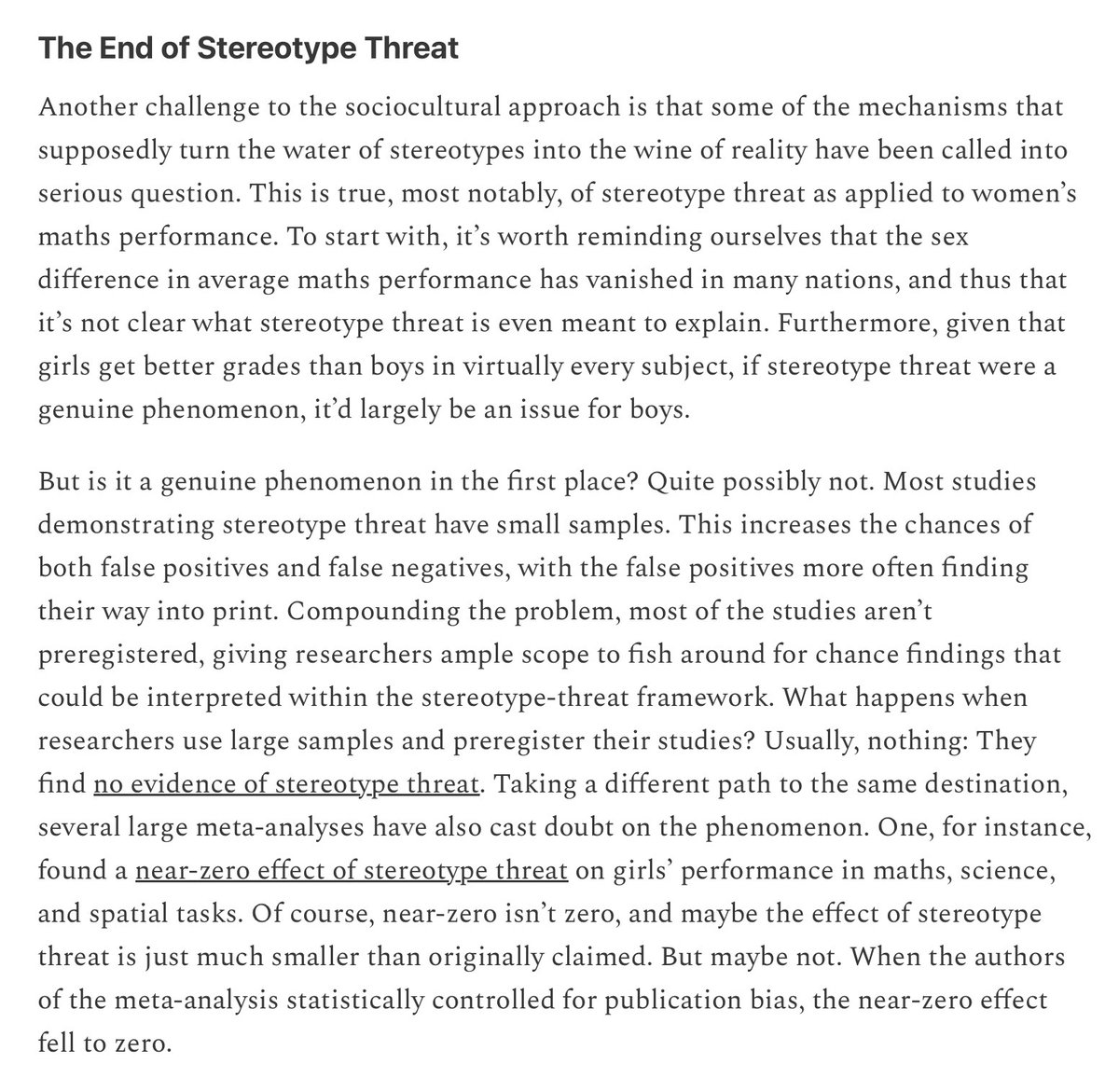 SteveStuWill's tweet photo. "One study found a near-zero effect of stereotype threat on girls’ performance in maths, science, and spatial tasks. When the authors statistically controlled for publication bias, the near-zero effect fell to zero."

https://t.co/Aet54uB0a3 https://t.co/43izBUwyYE