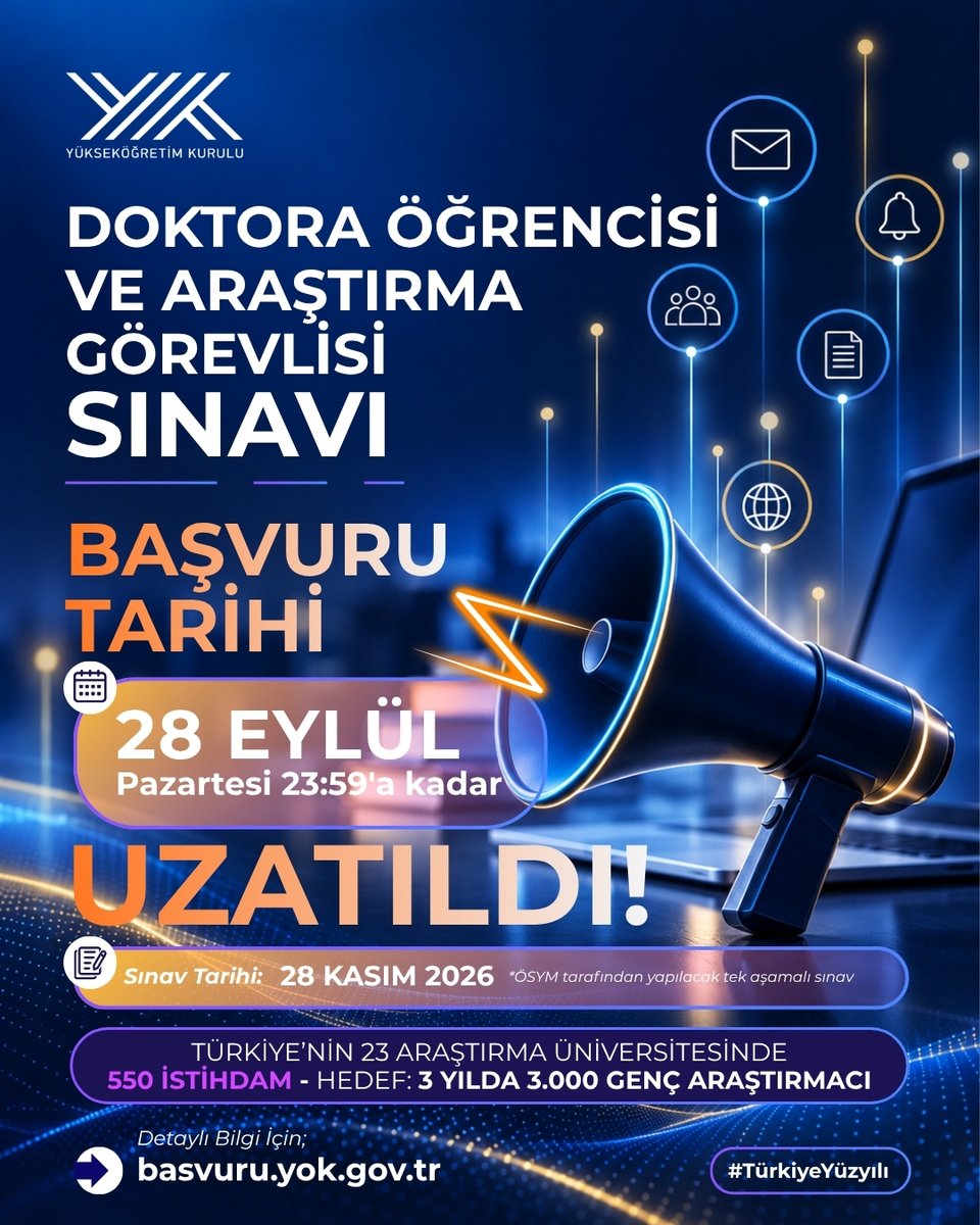 YuksekogretimK's tweet photo. 📢 Türkiye Stratejik Teknoloji İnsan Kaynağı Programı’na başvuru süresi 28 Eylül 2026 tarihine kadar uzatıldı!

Program kapsamında genç araştırmacılar:
🔹 Bilişim Teknolojileri
🔹 Donanım ve Bilgisayar Sistemleri
🔹 Siber Güvenlik
🔹 Yapay Zekâ ve Akıllı Sistemler
alanlarında doktora eğitimlerini sürdürürken araştırma üniversitelerimizde araştırma görevlisi olarak istihdam edilecek.