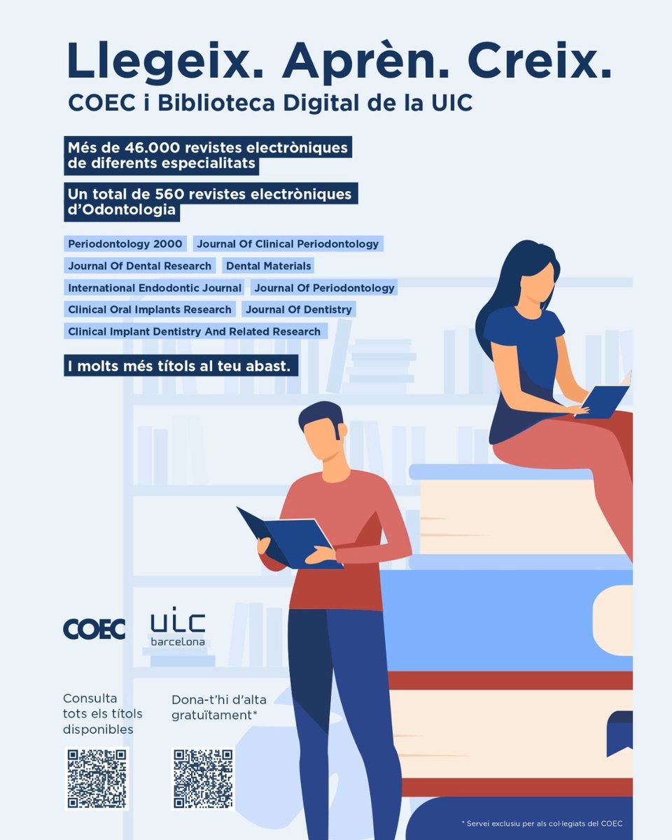 COECoficial's tweet photo. 📚 Llegeix. Aprèn. Creix!

✅ El COEC posa a disposició dels seus col·legiats la Biblioteca Digital de la UIC Barcelona, un recurs per continuar formant-se i estar al dia de les darreres novetats i avenços en odontologia.

🔗 Més informació: https://t.co/DKK0VdJ9Mz

#TotsSomCOEC https://t.co/oTMvH7HvZy