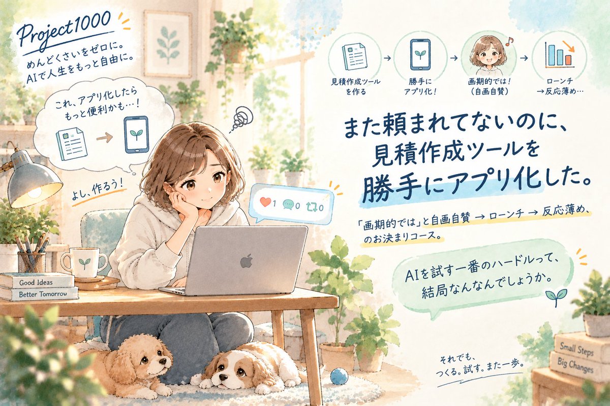 project1000jp's tweet photo. また頼まれてないのに、見積作成ツールを勝手にアプリ化した。
「画期的では」と自画自賛→ローンチ→反応薄め、のお決まりコース。
AIを試す一番のハードルって、結局なんなんでしょうか🧐
#Project1000 #めんどくさいをゼロに #AIで人生をもっと自由に #今日の一歩 https://t.co/20kKcjiwlS