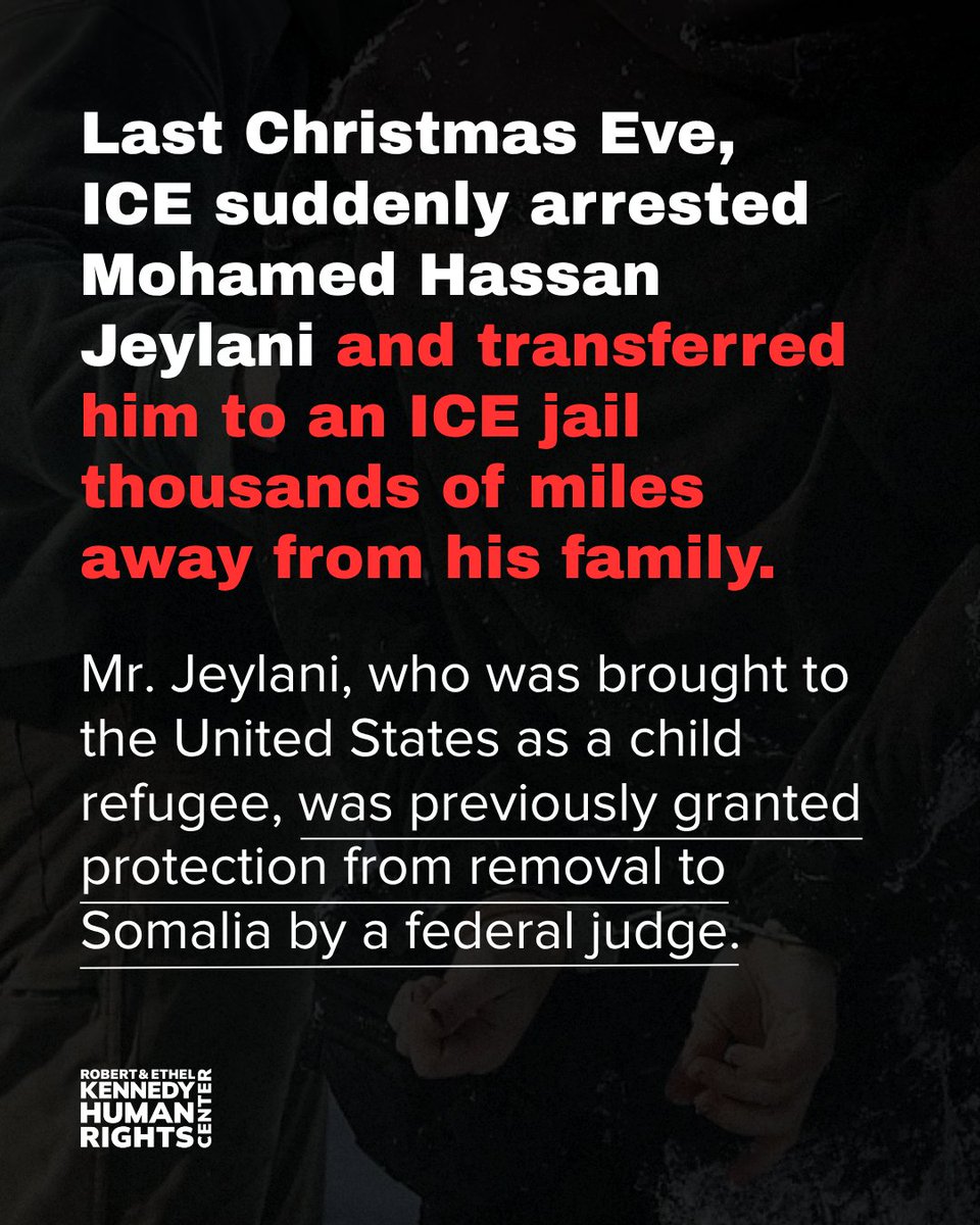 Kennedy_HRC's tweet photo. A judge had already found it was more likely than not that Mohamed Hassan Jeylani, a 39-year-old Somali refugee, would face persecution if returned to Somalia. Yet ICE arrested him outside his home on Christmas Eve and detained him for nearly seven months, more than 500 miles from his children, family, and community in Rochester, New York.

Our habeas petition in Jeylani v. English was among the first in the Seventh Circuit to use novel legal claims challenging the unlawful revocation of an order of supervision using the post-hoc justification of removing a noncitizen to a third country. And on July 7, 2026, the Northern District of Indiana ordered his release.

🔗 Learn more about Mr. Jeylani’s case: https://t.co/UTnDmkVXGE