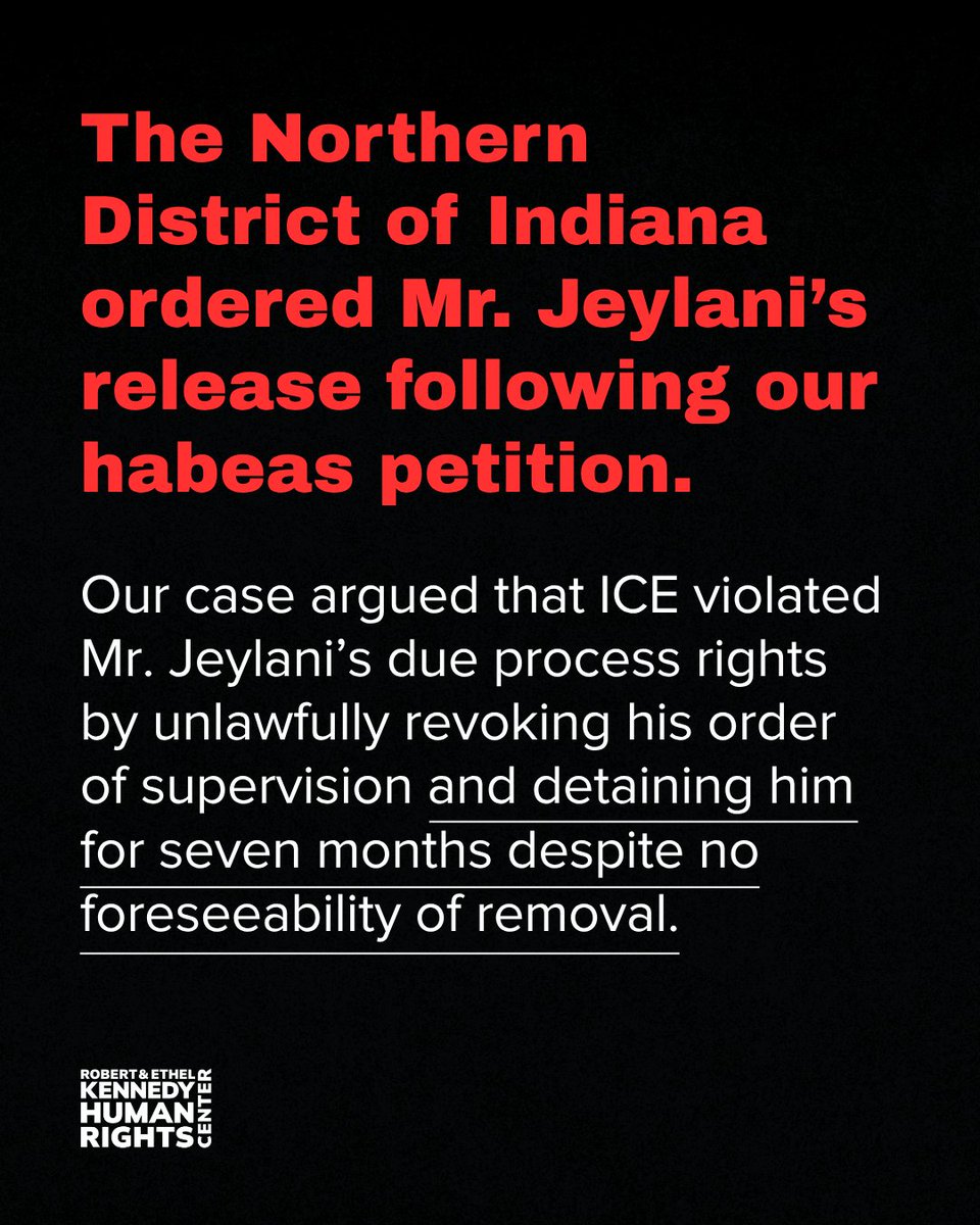 Kennedy_HRC's tweet photo. A judge had already found it was more likely than not that Mohamed Hassan Jeylani, a 39-year-old Somali refugee, would face persecution if returned to Somalia. Yet ICE arrested him outside his home on Christmas Eve and detained him for nearly seven months, more than 500 miles from his children, family, and community in Rochester, New York.

Our habeas petition in Jeylani v. English was among the first in the Seventh Circuit to use novel legal claims challenging the unlawful revocation of an order of supervision using the post-hoc justification of removing a noncitizen to a third country. And on July 7, 2026, the Northern District of Indiana ordered his release.

🔗 Learn more about Mr. Jeylani’s case: https://t.co/UTnDmkVXGE