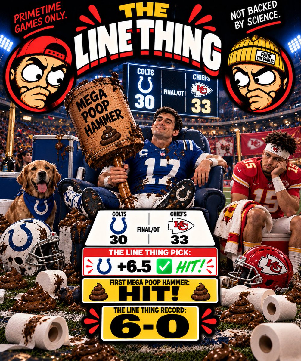 TheLineThing's tweet photo. 6-0.

We Mega Pooped. 

WE HAVE NOW CORRECTLY PICKED EVERY SINGLE PRIMETIME SPREAD OF THE SEASON SO FAR. 

When will you become a believer? 

See you tonight. https://t.co/C3vBfdUyXP