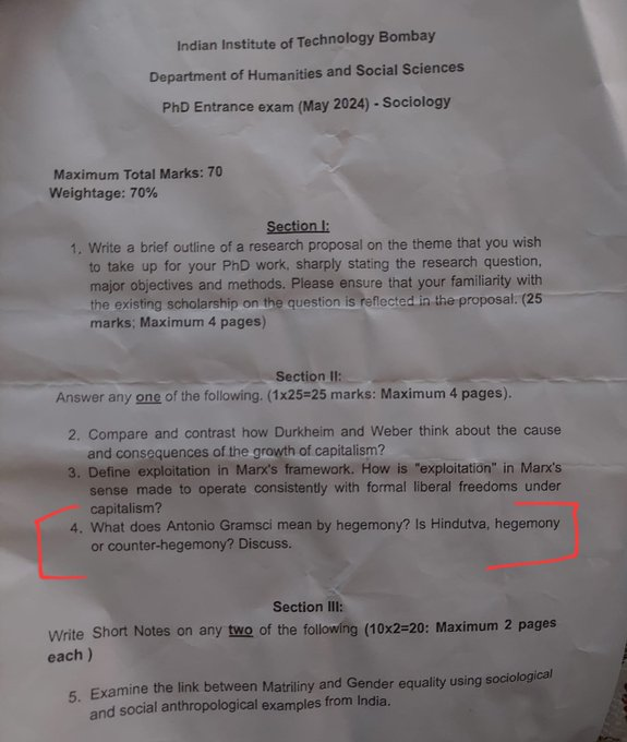 labstamil's tweet photo. Humanities in IIT get a lot of undeserved hate. Lack of awareness about the crucial work they do plays a big role in such hate, so lets put a full stop to that with 4 examples of the world class work they do - one each from faculty books, exam questions, research output and subjects taught. 

1) A humanities prof at IIT Gandhinagar has compiled an important book about "De-Brahmanizing" animal studies and decoding the hierarchical superiority of certain animals and birds in the Brahmanical soshal order.

Published by Cambridge, praised by Harvard profs, this magnum opus is priced at a meagre 1000 Rs only. It is critical that India redirects the useless money wasted on Jet engines and semiconductor fabrication to such sociology research so that we will know where exactly Owl stands in the Brahmanical aviary order. We will never become Vishwaguru without settling such civilization defining questions.

2) IIT Bombay's Sociology PhD entrance exam candidates wrote essays on the consequences of capitalism, Marx's definition of exploitation and Gramsci's definition of hegemony. A beautiful follow-up question about whether Hindutva was hegemonical was asked in the entrance exam, so that only peaceful Marxists get selected for the country's prestigious cutting edge research done within these humanities laboratories.  

My heart swells with pride that my tax money funds the sutta cost of a young 46 year old PhD candidate who studies about Marx without worrying about marks - because assigning marks/grades is itself a Brahmanical construct that our humanities researchers have done away with. 

3) If you are still skeptical about their research output, take a look at IIT-Delhi's humanities department's phenomenal research paper about the tyranny of Indian nationalism and the resistance in Kashmir. Only third world countries like USA take anti-nationals seriously, we are a first world nation that funds its own secessionism. It is baffling why aren't patriotic Indian taxpayers taxed 78.6% more so we can produce more such liberal thinkers?

No wonder we rank 6th in the useless nominal GDP rankings but are ranked below Iraq, Azerbaijan and Libya in the metric that matters - Human Development Index.

4) And finally, let us look at what IIT humanities students actually get to study.  While the world is uselessly studying about Machine Learning, Quantum Computing, Hydrogen Fuel cells and CRISPR gene editing, IIT Bombay's best minds are studying a 6 credit course on "Reading Fiction"

How can we call ourselves world class thinkers if we do not understand the inner world of the characters in Arundhati Roy's Booker winning book of why did the mixed twins sleep with each other. This is how we build sharp minds. Remember that while you are lazily clocking 60 hour workweeks, there are hardworking students in airconditioned rooms of Powai trying to figure out the narrative subtext behind the curtains being blue from a 19th century novel.  

Hopefully you are convinced now why we should absolutely have more funding for the value crating humanities departments within the useless STEM institute called IITs. Jai Bhim, Jai Samvidhaan, Jai Humanities.
