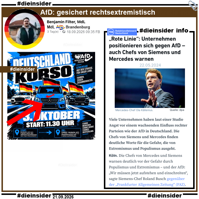 Benjamin Filter, MdL der AfD Brandenburg zeigt ein Bild mit einer Vorankündigung zu einem AfD-Autokorso, auf dem mutmaßlich 3 Mercedes Fahrzeuge zu sehen sind, von denen das mittlere in AfD-Blau mit dem Roten Pfeil auch das Mercedes Logo zu sehen ist.
Dazu zeigen wir noch den RND Bericht vom 22.05.2024 "„Rote Linie“: Unternehmen positionieren sich gegen AfD – auch Chefs von Siemens und Mercedes warnen", in dem es u.a. heißt "Die Chefs von Mercedes und Siemens warnen deutlich vor der Gefahr durch Populismus und Extremismus – und der AfD: „Wir müssen jetzt aufstehen und einschreiten“, sagte Siemens-Chef Roland Busch gegenüber der „Frankfurter Allgemeinen Zeitung“ (FAZ)."