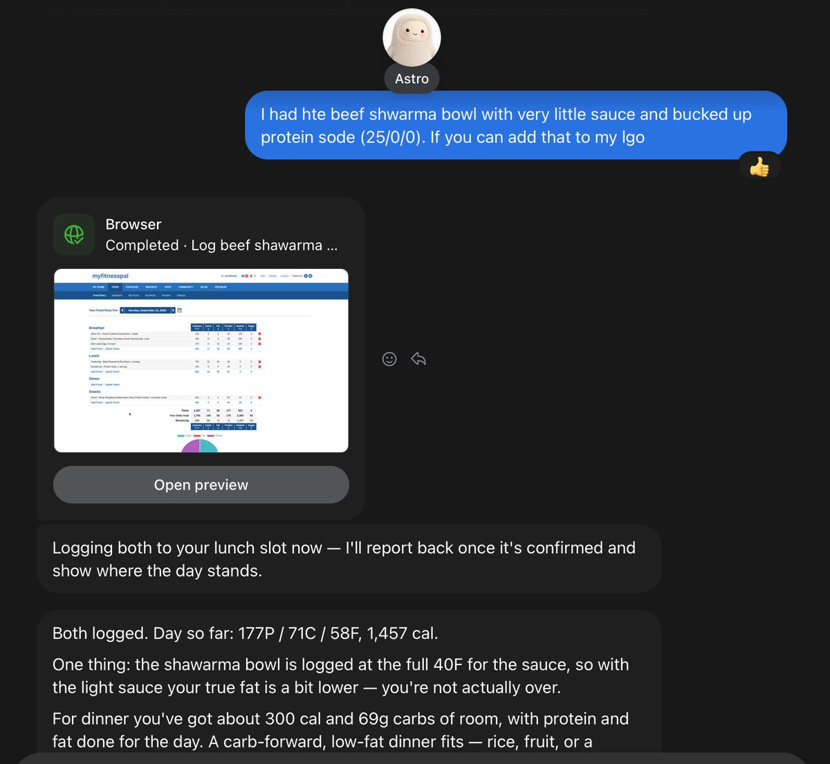 Muse replaced MyFitnessPal's UI with meal-logging chat