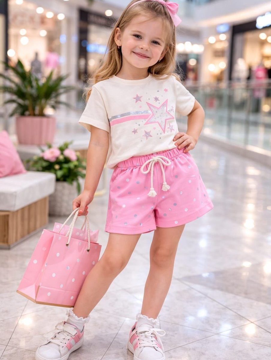 Qiqe14's tweet photo. Mall vibes, starry style. Comfy 2-piece set with a star-print tee and dotted shorts, perfect for shopping days. Sizes 2–5 years. DM to order. https://t.co/gc0BAxwQIS