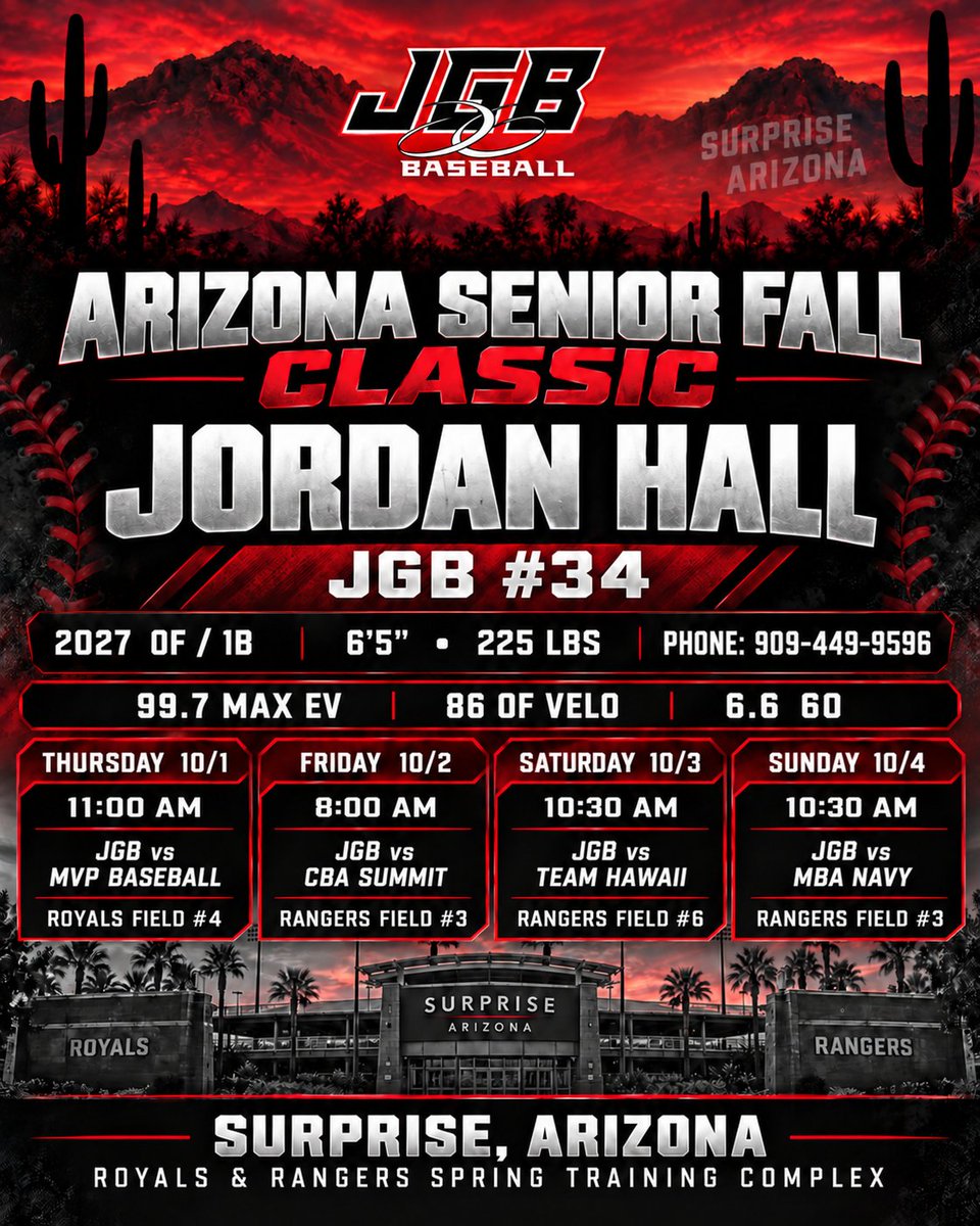 jordanahall27's tweet photo. Coaches, I’ll be competing with @Jg1baseball  at the Arizona Senior Fall Classic Oct. 1–4 at the Royals &amp; Rangers Spring Training Complex in Surprise, AZ.

Jordan Hall | 2027 OF/1B | JGB #34
6’5”, 225 lbs. | 99.7 EV | 86 OF Velo | 6.6 60 | 3.7 GPA
#Uncommitted #AZFallClassic https://t.co/BOK2fI6JQX