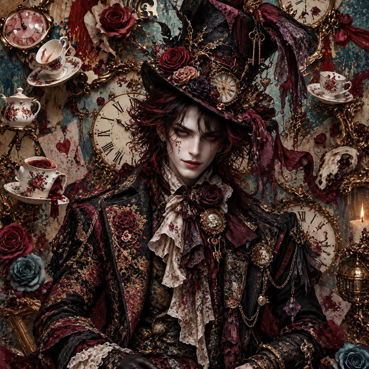 KANADEMIO_art's tweet photo. Mad Hatter — After Wonderland —
A new Mad Hatter for KANADEMIO.
黒と深紅、薔薇と時計、壊れかけた時間。
より耽美に、より退廃的に。
Still mad enough to invite you for tea.
#MadHatter #AfterWonderland #DarkFantasy #Decadence #GothicArt #AIArt #KANADEMIO https://t.co/Gx9LIOw0fx