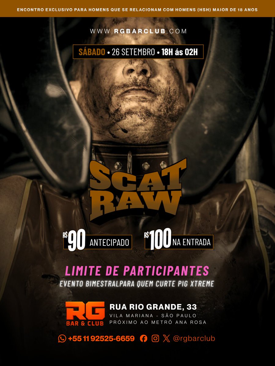 rgbarclub's tweet photo. SÁBADO | 26/09 | 18h às 02h | 💩 SCAT RAW
* EDIÇÃO BIMESTRAL para quem curte pig xtreme

💵 R$90 - Antecipado 👉 https://t.co/6uaIaNi39B
💵 R$100 - No Balcão

🔗 Grupos: https://t.co/zkSYUAMARG

#RGBarClub #BarGaySP #SPGay #GuiaGaySP #FetishNight #Fisting https://t.co/JgxjyMIHjr