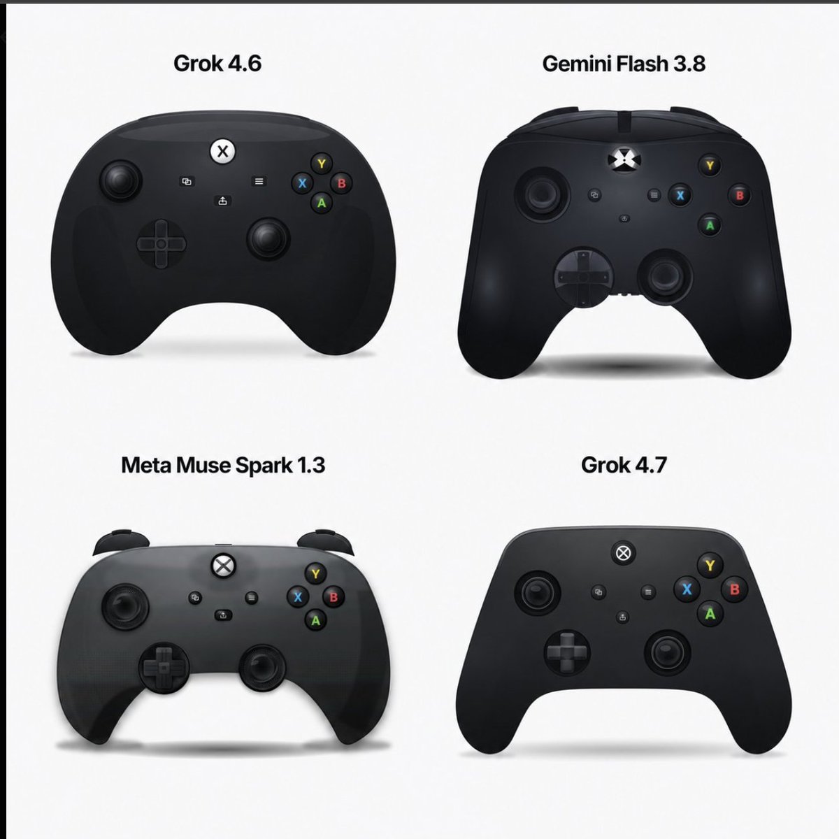 AIBoticssq's tweet photo. 🚨 GROK 4.7 GENERATED AN XBOX CONTROLLER FROM AN SVG PROMPT AND THE JUMP FROM 4.6 IS OBVIOUS

Four models, same task, side by side.

Grok 4.6's attempt is rougher, bulkier proportions, buttons floating slightly off from where you'd expect them.

Gemini Flash 3.8 goes for a more angled, stylized shell, decent shape but the layout reads a bit cluttered.

Meta Muse Spark 1.3 is closer to right, cleaner button spacing, but the grips look thin compared to a real controller.

Grok 4.7 is the one that actually looks like it understood the brief, proportions are tighter, the face buttons sit where your thumb expects them, and the whole shape reads as a controller from a glance instead of "controller-ish blob."

Not perfect, the trigger bumps and back paddles are still a bit off. But this is a real jump from 4.6, and reportedly the model performs noticeably better specifically inside Grok Build compared to standalone chat.

SVG generation keeps turning into the actual benchmark nobody officially agreed on, but everyone keeps using anyway.