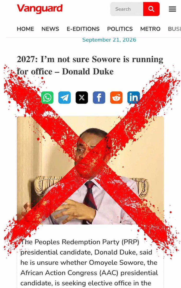 sowore's tweet photo. Dear @Donald_Duke thank you for describing me as a “voice of conscience” and acknowledging that I say the things others in politics are too “civil” to say, even when they know those things are true in today’s @vanguardngrnews 

But let me clear up your uncertainty and this is important for posterity, I AM RUNNING FOR PRESIDENT OF THE FEDERAL REPUBLIC OF NIGERIA IN 2027. In fact, INEC’s final list released has Omoyele @Sowore as the presidential candidate of the African Action Congress @aacparty just as it has @DonaldDuke as the candidate of the @PrpNigeria . 

Perhaps what makes my candidacy difficult for some members of Nigeria’s political establishment (including yourself) to understand is that I am not running for office in the conventional sense of seeking power for its privileges, appointments or access to the national treasury.

We, in the @aacparty are running to fundamentally change Nigeria.

We are running to dismantle the rotten political order that has kept our people poor while enriching a tiny ruling class. 

We are running for equal rights, revolutionary justice, a living wage, free and quality education, decent healthcare, security, electricity, housing and a country that finally works for its people.

And that is precisely why we will not disappear into an “opposition coalition” whose principal ambition is merely to replace Bola Ahmed Tinubu @officialABAT with another member of the same establishment. Essentially replacing a thief with a burglar.

So, my dear Mr. Former Gov. @DonaldDuke, there should be no confusion, yes, I am a voice of conscience, yes, but that voice is also on the ballot.

See you on the campaign trail! 

By the way, consider yourself lucky that you arrived late to the presidential debate at the Nigerian Bar Association @NigBarAssoc Annual General Conference in Port Harcourt. I would have cleared your doubts by now. 
Ask @PeterObi and @ChibuikeAmaechi they will tell you how serious of a candidate @sowore is
#Sowore2027 #TakeItBack