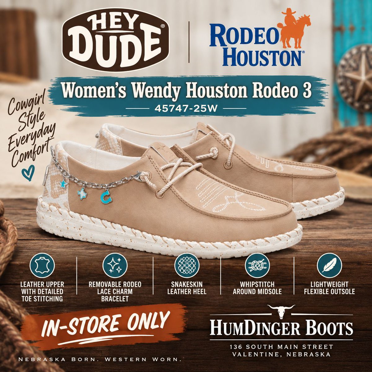 HumdingerBoots's tweet photo. 🤠 Cowgirls, check out this new HEYDUDE!

The HEYDUDE Women's Wendy Houston Rodeo 3 - 45747-25W is here at Humdinger Boots.

This one has some great Western details — a leather upper with detailed toe stitching, snakeskin leather heel, whipstitching around the midsole, and a removable rodeo lace charm bracelet.

You still get the lightweight, flexible, easy-on comfort HEYDUDE is known for, but with a look that fits right in at Humdinger Boots.

Perfect when you want a little Western style without pulling on your boots. 

🔥 IN-STORE ONLY at Humdinger Boots

📍 232 S. Main St. | Valentine, Nebraska

Nebraska Born. Western Worn.

#HumdingerBoots #HEYDUDE #RodeoHouston #WesternStyle #CowgirlStyle