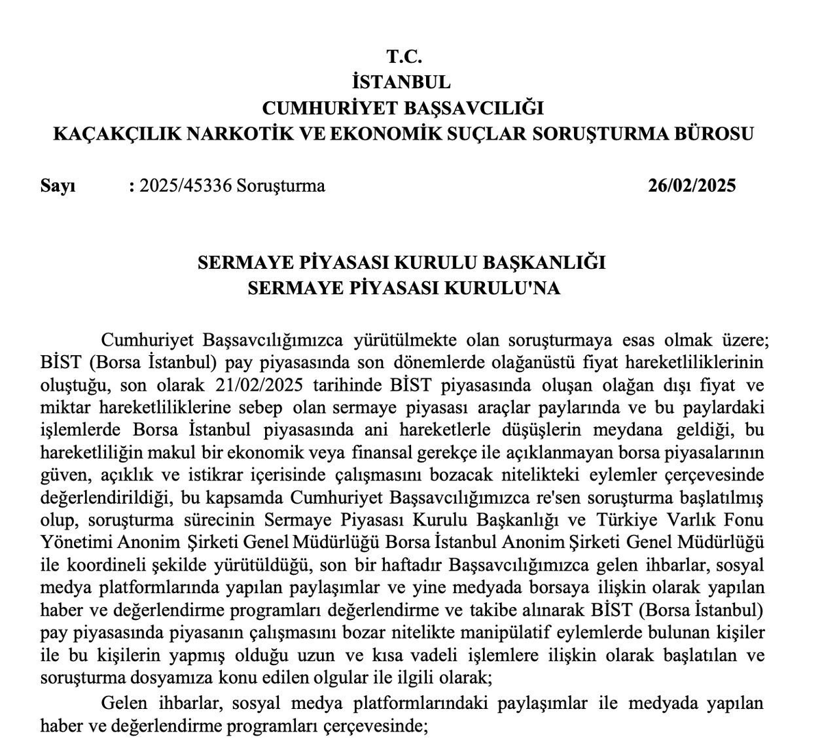RusenPress's tweet photo. Tüm zararı SPK ve SPK yetkilileri ödemek zorunda kalabilir mi?

Adalet Bakanı Akın Gürlek'in İstanbul Başsavcısı olduğu dönemde Pusula Portföy Yönetim Kurulu Başkanı Muhammed Yarız konusunda SPK'nın uyarıldığı ortaya çıktı.

Başsavcılığın 26 Şubat 2025 tarihli SPK’ya yazılan müzekkeresinde Yarız için “ivedi araştırılsın” deniyor.

Bu haliyle 1 yıl önce yapılan uyarılara önlem almayan SPK ve bağlı olduğu kuruluşların zararı ödemesi mümkün hale gelebilir.