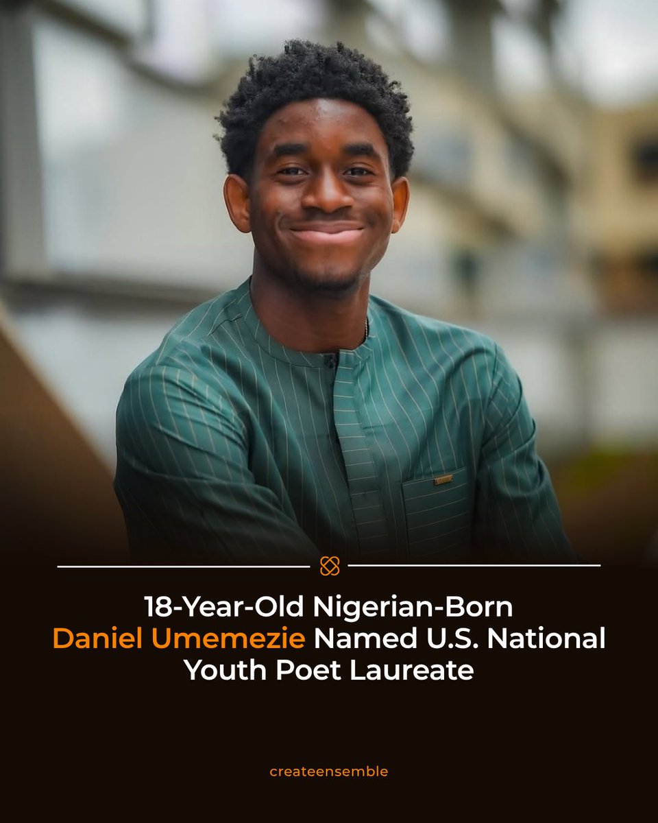 CreateEnsemble's tweet photo. At 18, Daniel Umemezie became the 10th U.S. National Youth Poet Laureate.

Born in Nigeria, he moved to the U.S. at 13 and settled in Cedar Falls, Iowa. 

He's also only the second Nigerian-American to win the title, following Salome Agbaroji in 2023

#DanielUmemezie #YouthPoetry https://t.co/RpPmw4CpSl