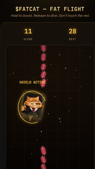 DegenFatCat's tweet photo. Just hit 28 on Fat Flight while dodging the red and holding a shield like a champ.

Think you can beat a fat cat banker at his own game?

Prove it 👇
https://t.co/ZZdVgortEu
@fomo 
$FATCAT #Solana #pumpfun #memecoin #100x #FOMO https://t.co/vkpnlMQcFb
