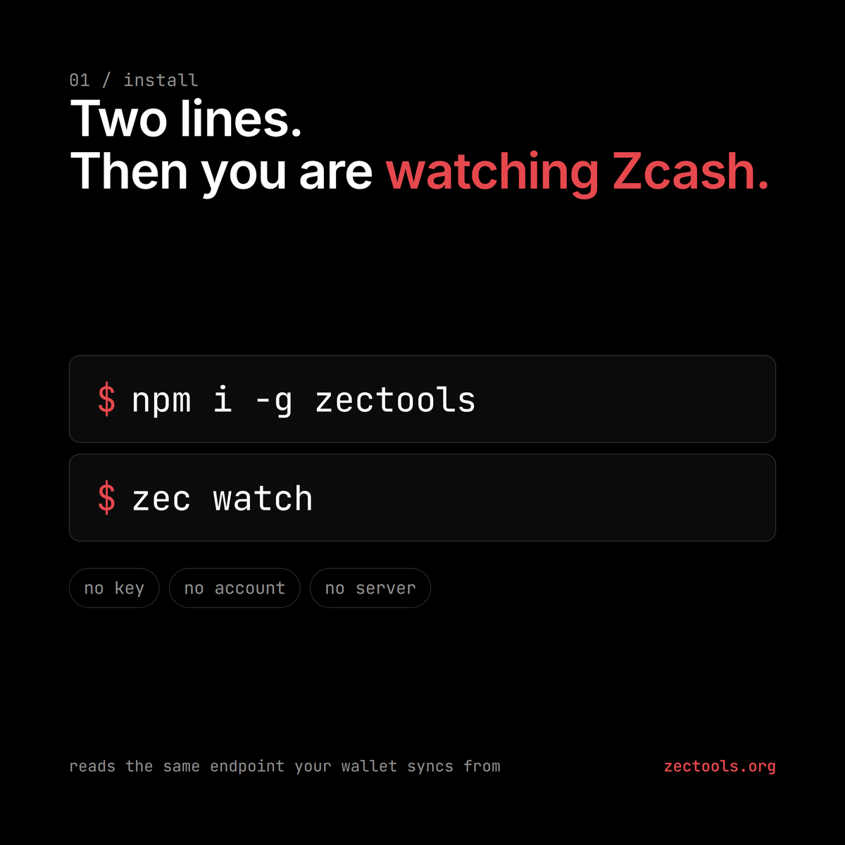 ZecTools's tweet photo. Two lines and you are watching Zcash. 

npm i -g zectools, then zec watch.

It prints one line per block: how many transactions, how many touched a shielded pool, how many notes each pool gained, and the seconds since the last block. No key, no account, nothing to sign up for. https://t.co/BNRcjNQqsu