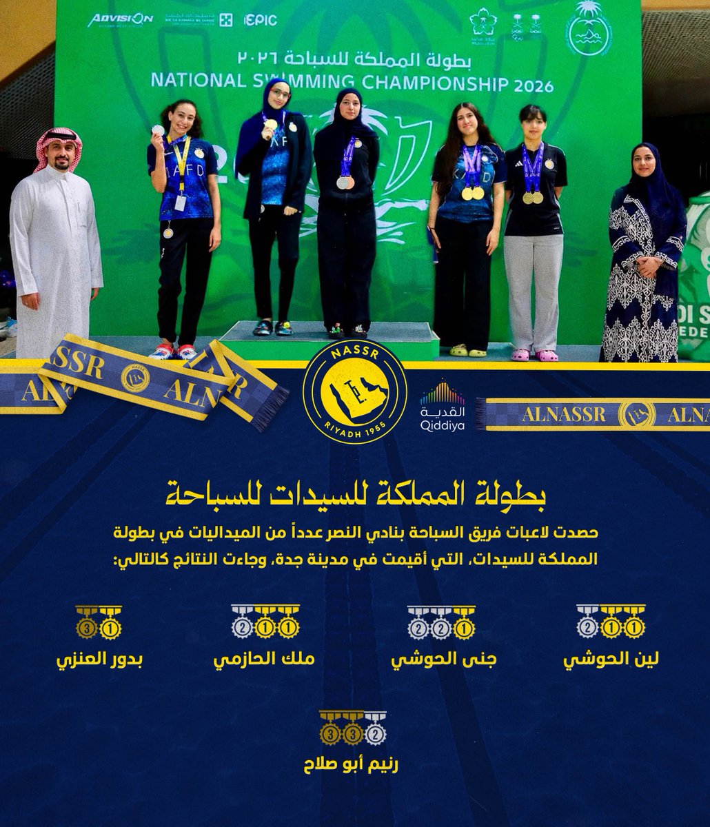 Alnassr_SG's tweet photo. 🏊‍♀️ | نجمـات #النصر للسباحة يحققن 14 ميدالية في بطولة المملكة للسيدات 👏

مبروووووك لبطلاتنا 🤩
#رياضات_النصر_المختلفة https://t.co/8cfIEYto7A