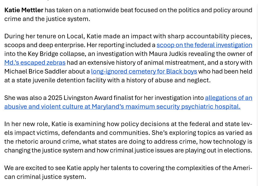 kemettler's tweet photo. Big news – I've got a new beat!

Hanging up my hat (for now) as a @postlocal reporter to dig into criminal justice policy issues all over the country. 

What's going on in your state? Your town? Your backyard? I'm all ears. https://t.co/dkmjoW4O21