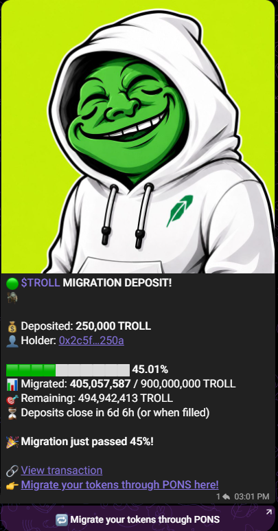 RealTrollinHood's tweet photo. In less than 24 hours we are already almost 50% done with the migration through @ponsdotfamily! Big shout out to @MEADGod and @mevcel and @Ljayx069 and the rest of the team over at PONS. We have directions pinned in the TG and we are in VCs all day to help you do this properly! Come join us in TG and $troll around with us! Trading is still active during this process you have until Sunday night EST to migrate tokens!! https://t.co/LQqipkkBtI #staytrollin