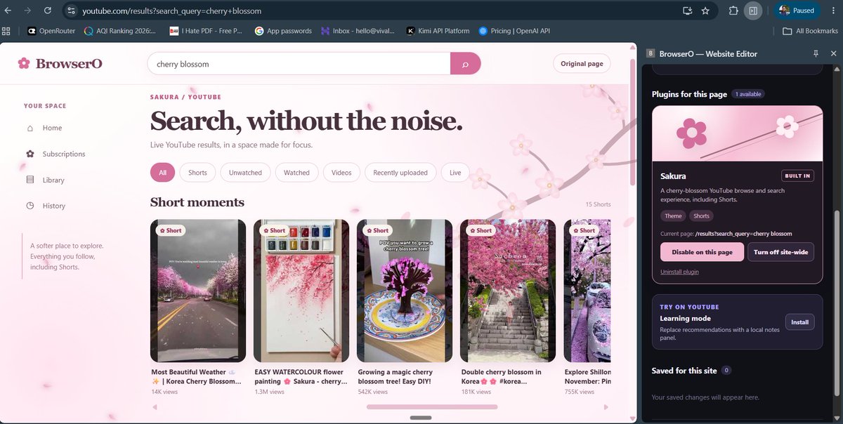 ShreyashAtX's tweet photo. Sakura / Cherry Blossom theme plugin for youtube :🌸

Simple plug into chrome via chrome extension and covert any website into any style you prefer

WDYT? https://t.co/dgkQp84Xum