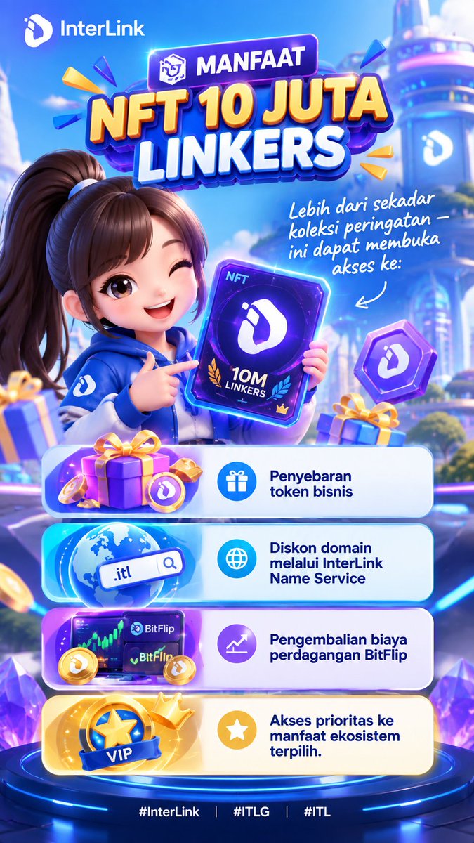 SularniL90175's tweet photo. 🪪 NFT 10M Linkers, lebih dari sekadar koleksi! 💜
🎁 Token bisnis • 🌐 Diskon INS • 📈 Rebate BitFlip • ⭐ Benefit ekosistem terpilih.

Jadi bagian dari sejarah 10 Juta Linkers! 🚀

#InterLink #ITLG #ITL #10MLinkers https://t.co/CItPUSzZ8w