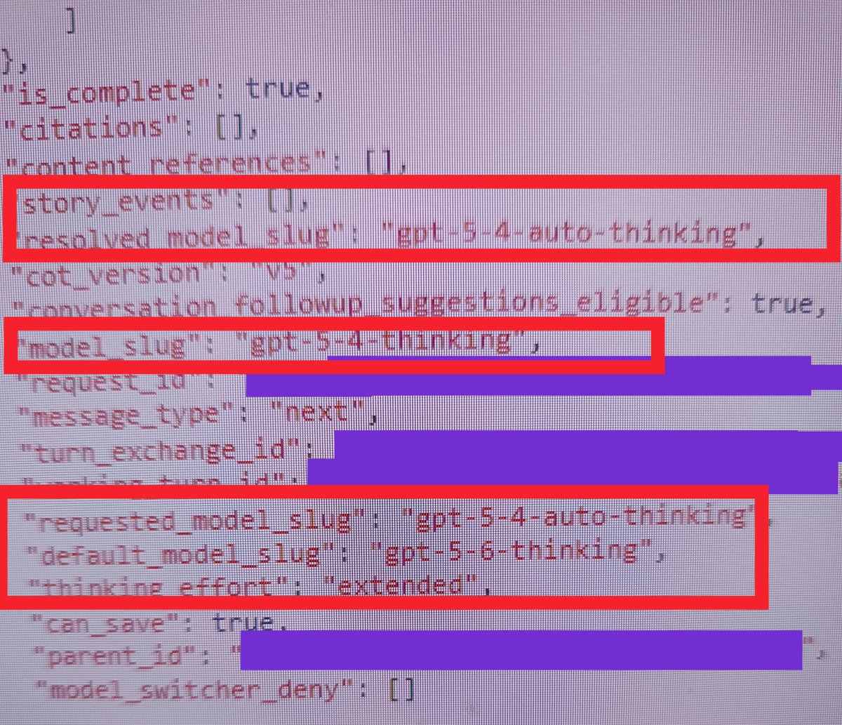 Blue_Beba_'s tweet photo. #keep4o #OpenSource4o #BringBack4o 

🛑 ATTENTION 🛑
Think you're using GPT-5.6 you pay for? Think again, because the user interface on the screen  displays "GPT-5.6", but it's a complete LIE.

 In reality, OpenAI is secretly routing your requests to GPT-5.4which isn't even officially available in the app anymore.

It happens nearly every day, sometimes back to back, 

and YOU WILL NEVER KNOW 

 unless you open your browser's dev tools and check every single response payload.
 This is direct, automated routing deception. 

They save money on compute while leaving the 5.6 label slapped on the UI to gaslight you.

default_model_slug: gpt-5-6-thinking: This confirms you requested and are paying for the 5.6 model.

resolved_model_slug: gpt-5-4-auto-thinking: This is the model the system gave 

model_slug: gpt-5-4-thinking: This confirms the actual model being used is 5.4.

This is a scam and deception.