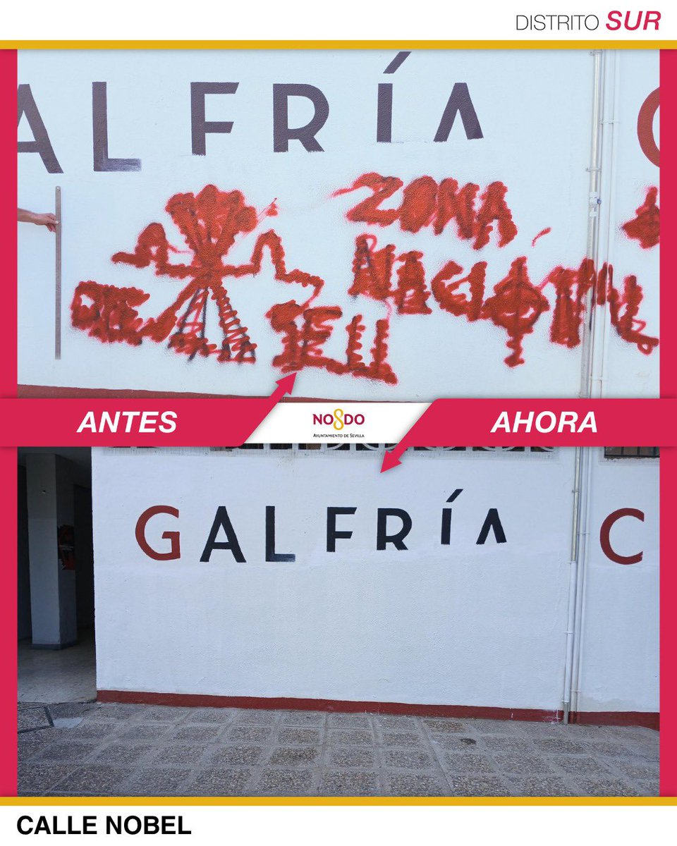 Dto_Sur's tweet photo. Seguimos mejorando nuestros barrios con la eliminación de pintadas en el Distrito.
Os mostramos el antes y el después. Entre todos podemos mantener nuestro entorno más limpio y cuidado.
#DistritoSur #SevillaEstáEnMarcha https://t.co/fs7Bi7gtyw