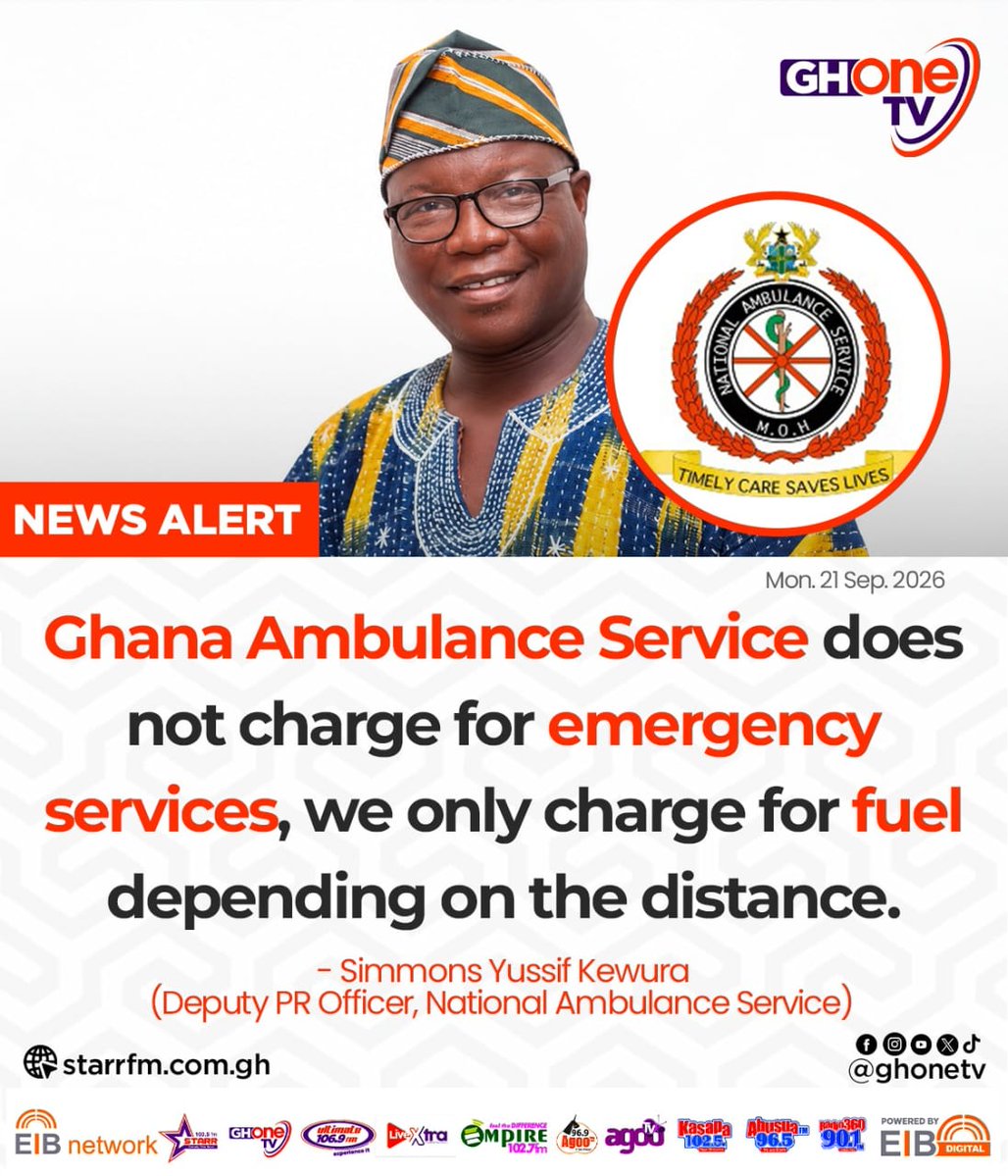 starr1035fm's tweet photo. Ghana Ambulance Service does not charge for emergency services, we only charge for fuel depending on the distance... - Simmons Yussif Kewura (Deputy PR Dir., National Ambulance Service)

#EIBNetwork #StarrFM
#GHOneNews #NewsAlert https://t.co/S0kdpyAcwu
