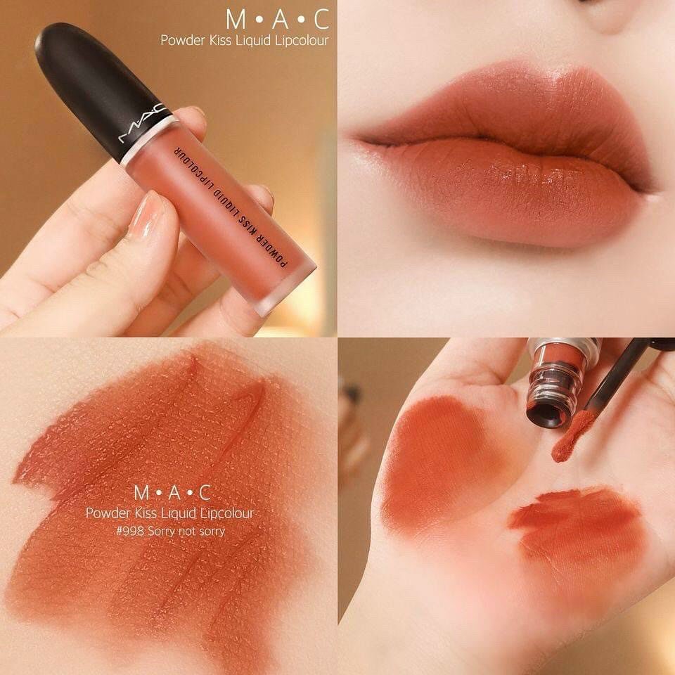 TwiteiroBruno's tweet photo. Mac 998 Sorry Not Sorry – sắc cam cháy trendy. Son kem lì Powder Kiss chất mỏng nhẹ như nhung, thiết kế nắp đen thân trong. Giá 600. 000đ/sản phẩm. Hàng chính hãng, không hỗ trợ COD. https://t.co/u9BfHNK64Q