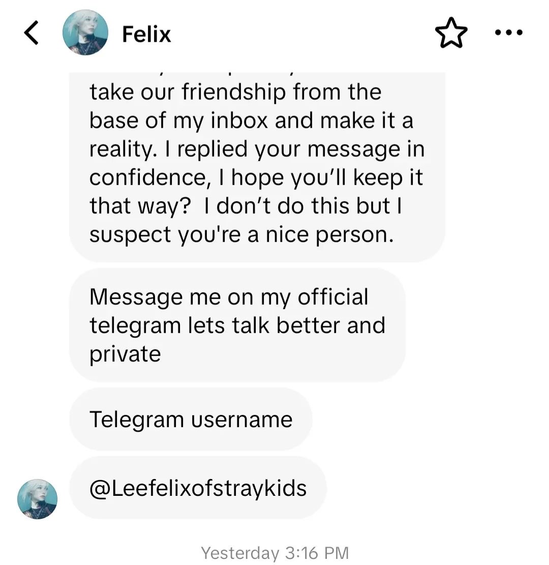 slowitfelix's tweet photo. also apparently this person regularly dms stays and shares their telegram 
It's very creepy since we don't know what they might be talking about there, we don't know who's behind it, or even the age of the stays they're talking to (probably minors) 💀 https://t.co/ohUDvrikRk